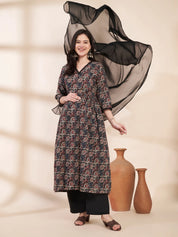Black Floral Cotton Maternity Kurta with Trouser and Dupatta