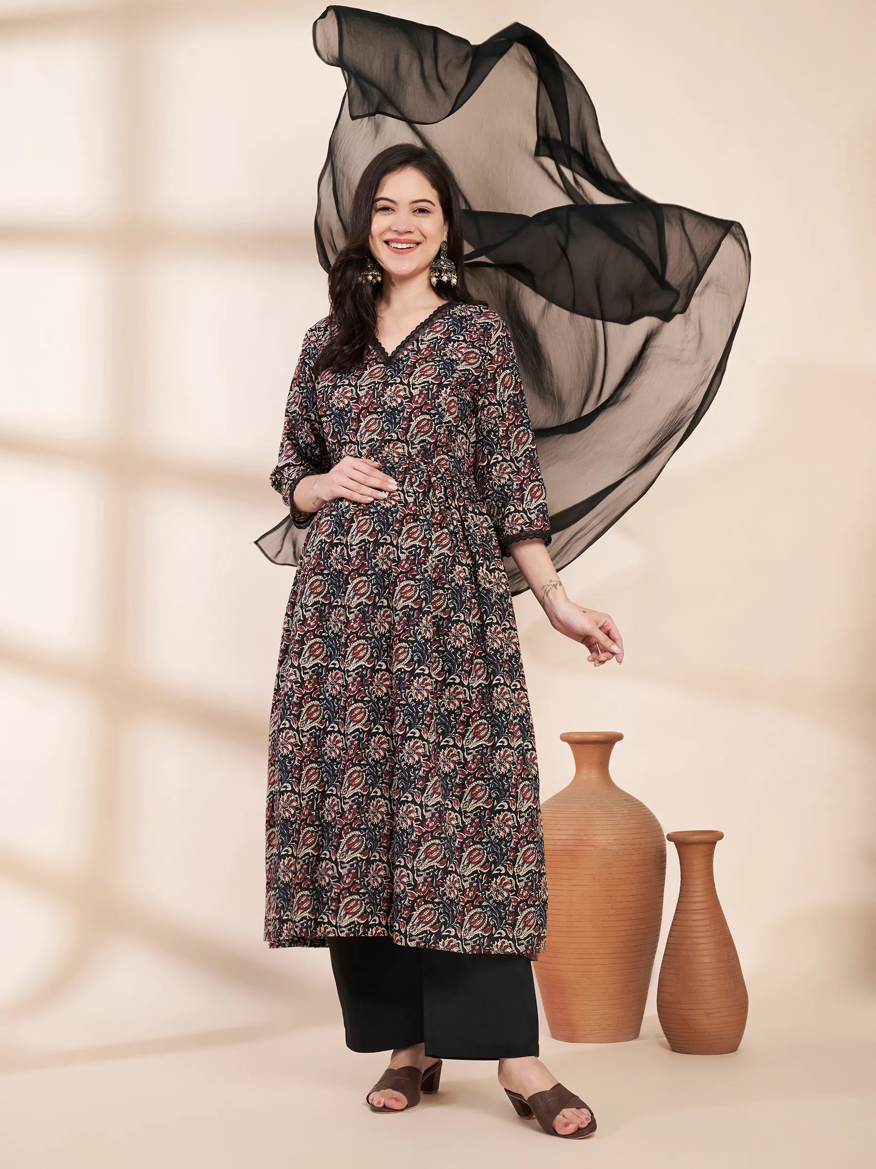 Black Floral Cotton Maternity Kurta with Trouser and Dupatta