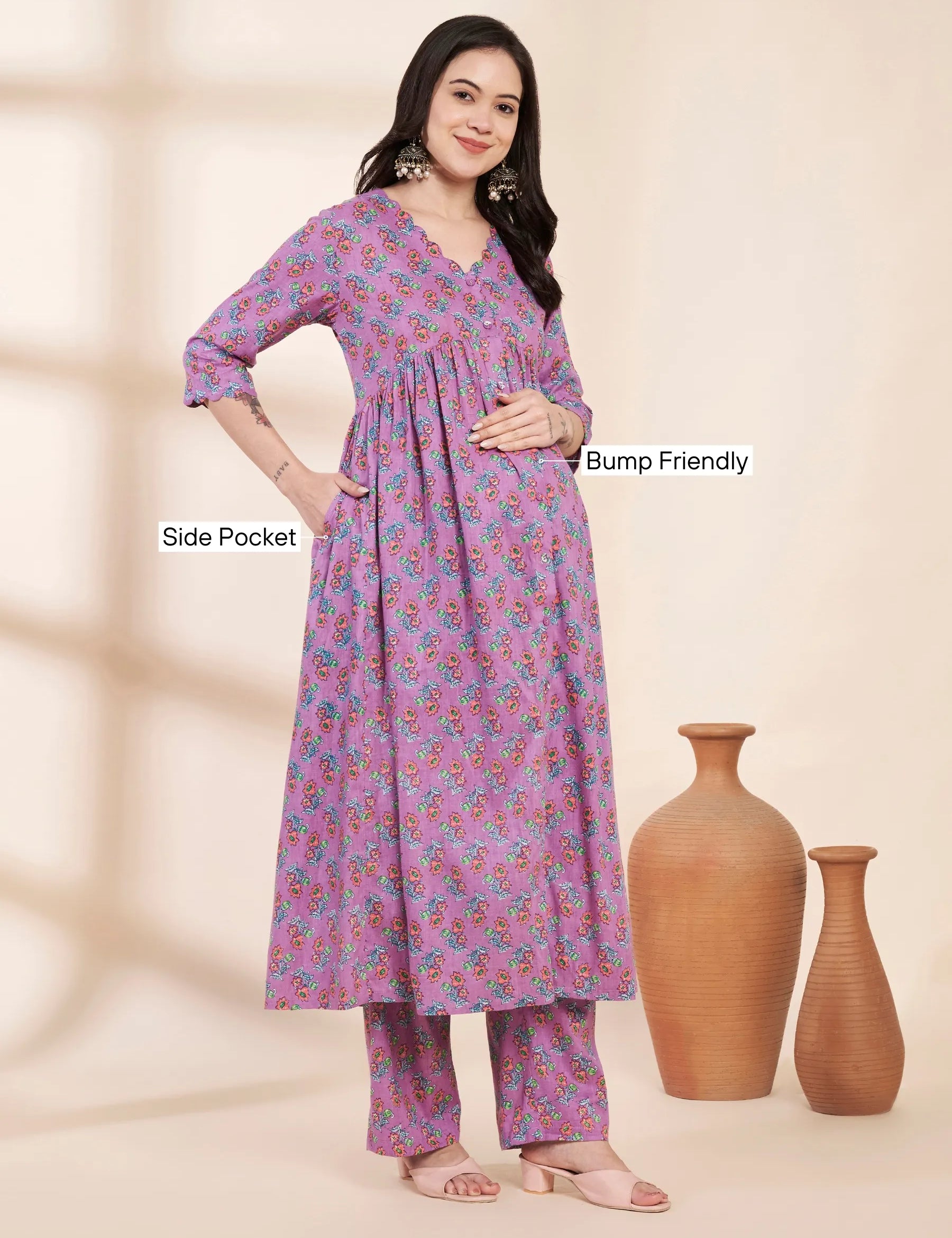 Lilac Floral Cotton Maternity Kurta with Trouser and Dupatta