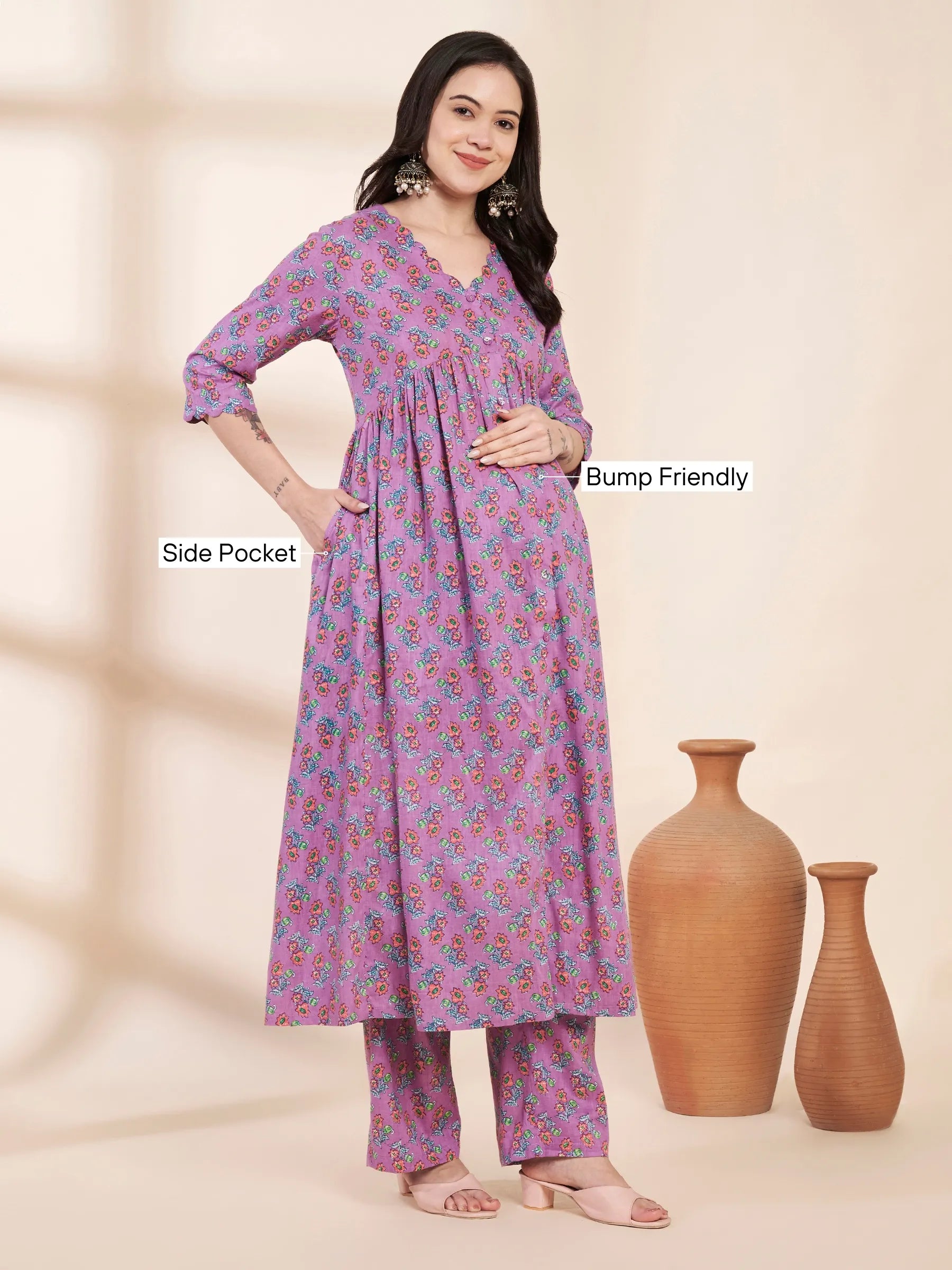 Lilac Floral Cotton Maternity Kurta with Trouser and Dupatta