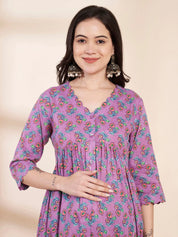 Lilac Floral Cotton Maternity Kurta with Trouser and Dupatta