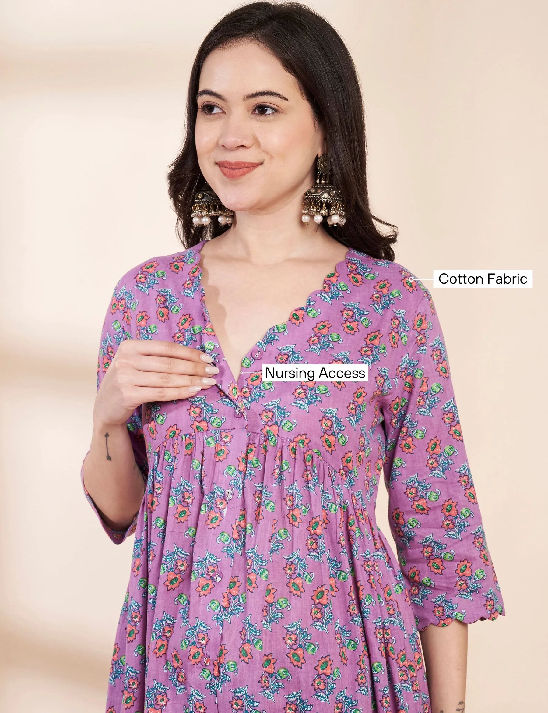 Lilac Floral Cotton Maternity Kurta with Trouser and Dupatta
