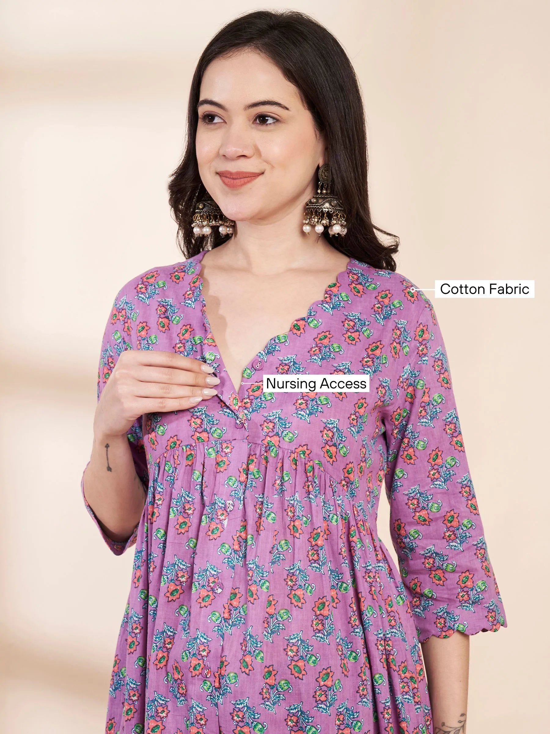 Lilac Floral Cotton Maternity Kurta with Trouser and Dupatta