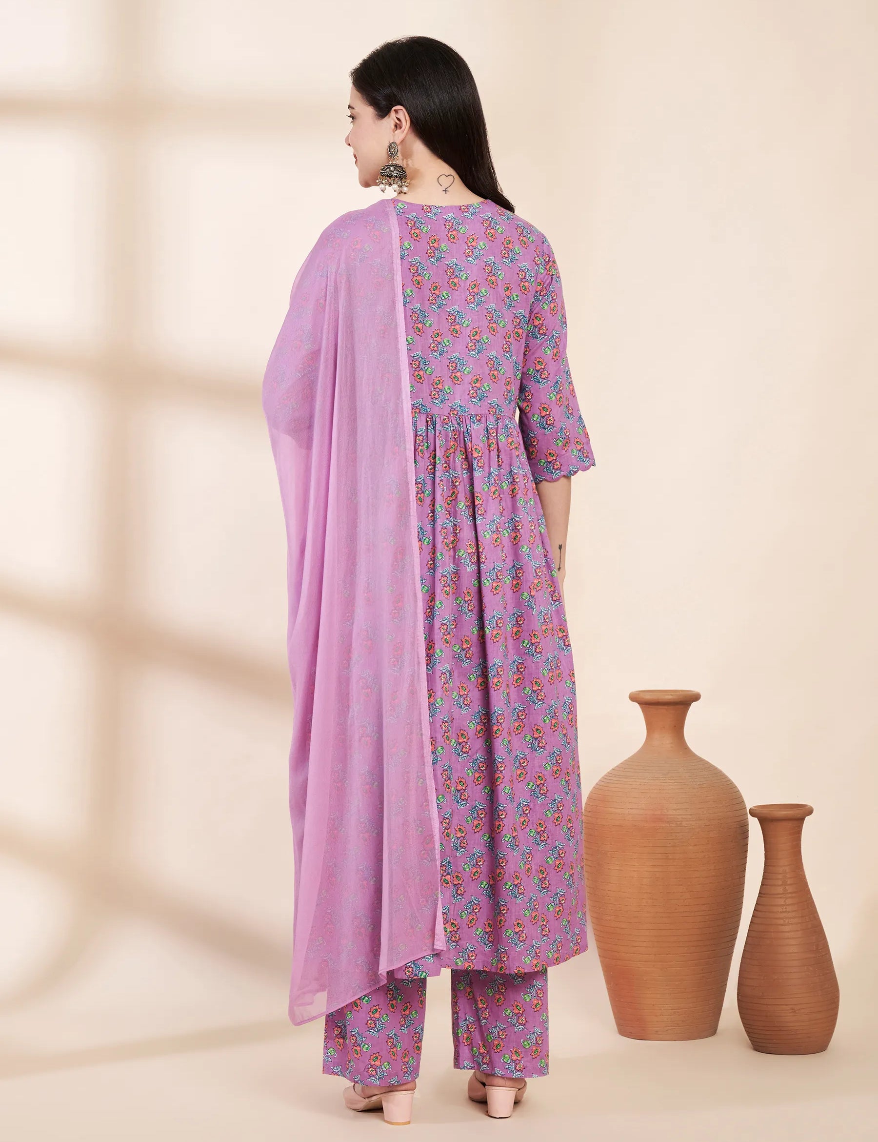 Lilac Floral Cotton Maternity Kurta with Trouser and Dupatta