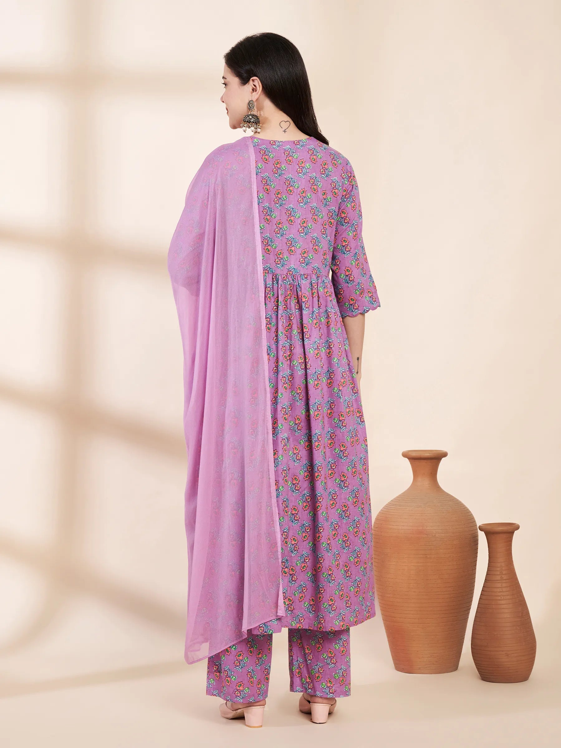 Lilac Floral Cotton Maternity Kurta with Trouser and Dupatta