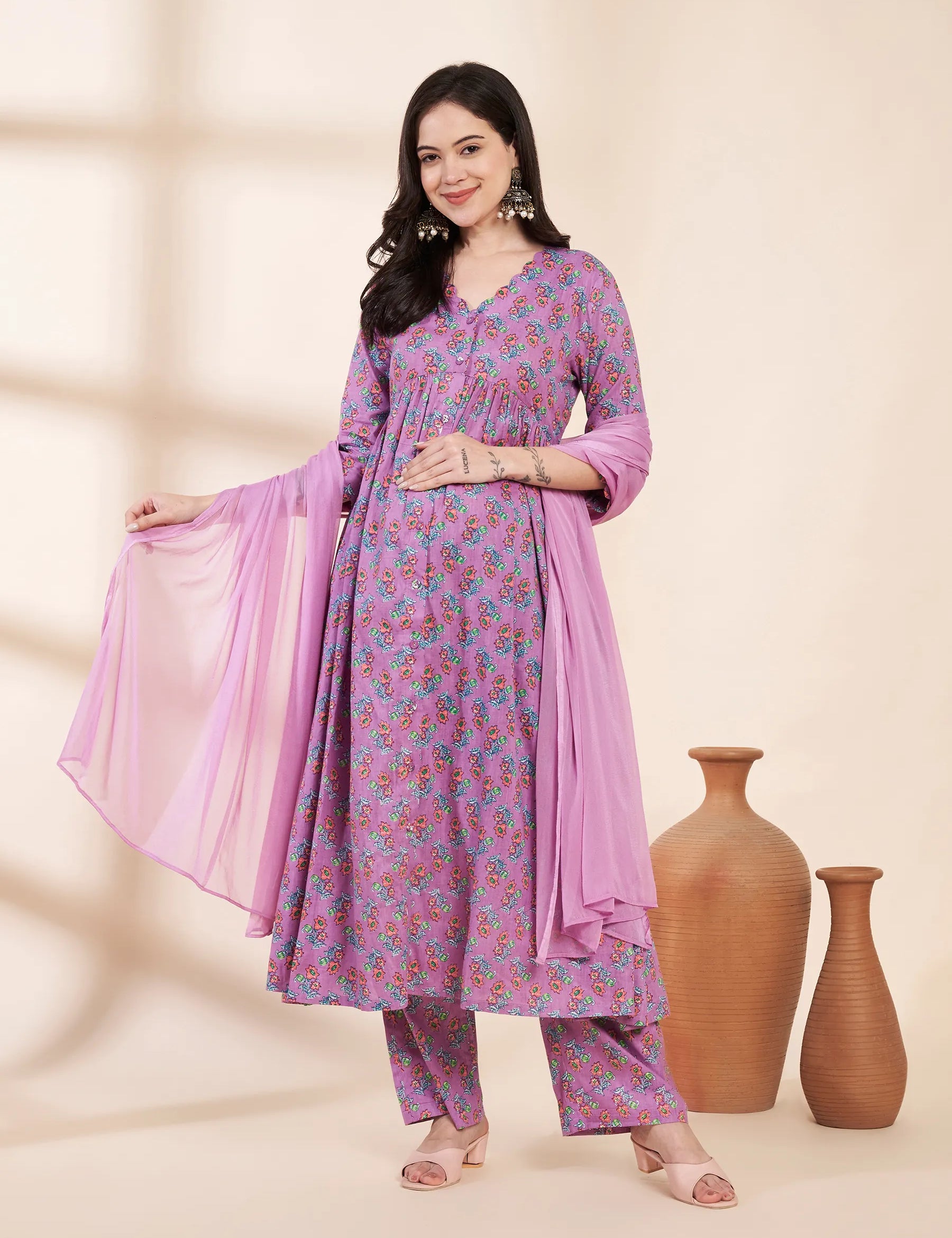 Lilac Floral Cotton Maternity Kurta with Trouser and Dupatta