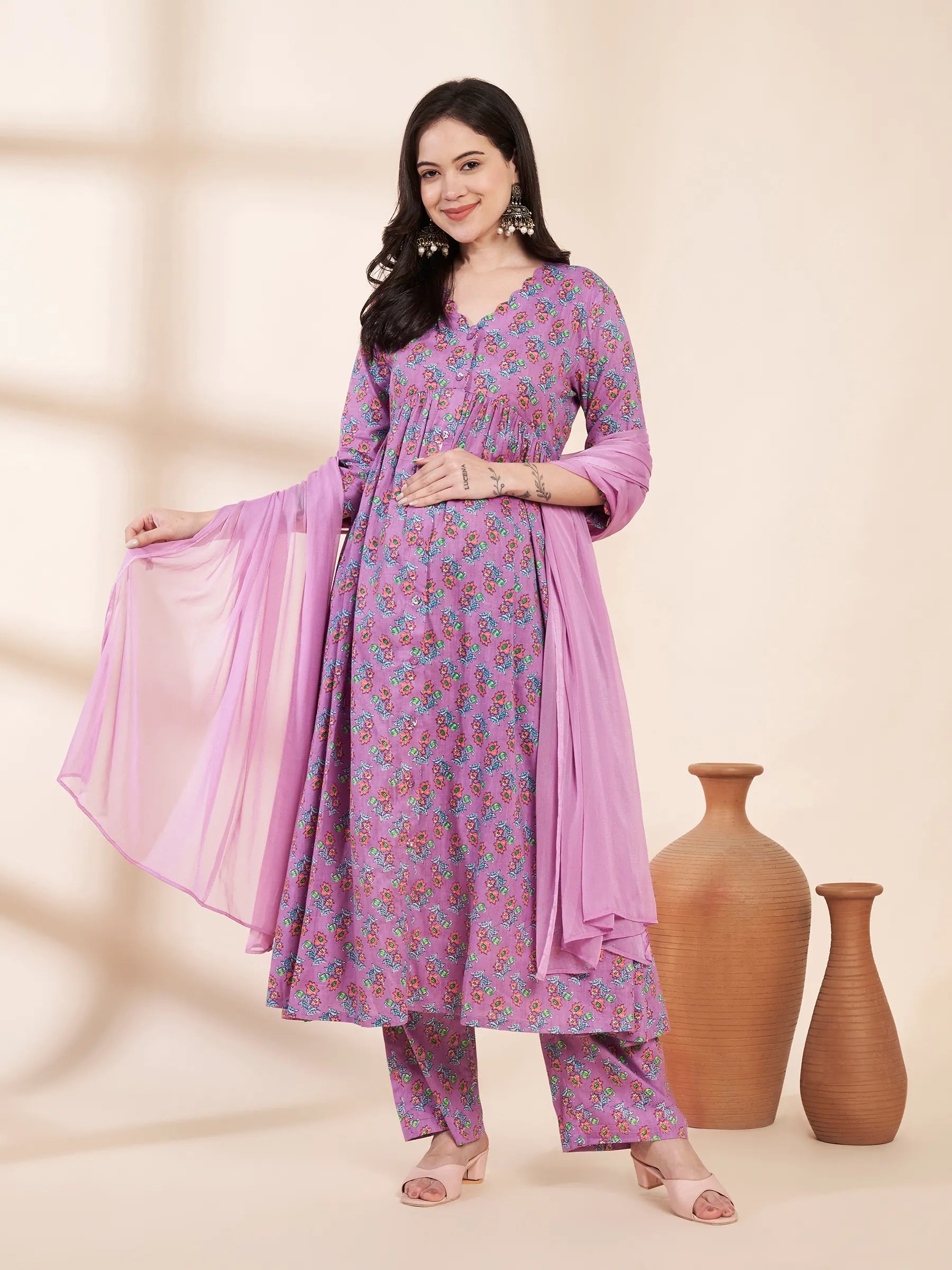 Lilac Floral Cotton Maternity Kurta with Trouser and Dupatta