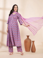 Lilac Floral Cotton Maternity Kurta with Trouser and Dupatta