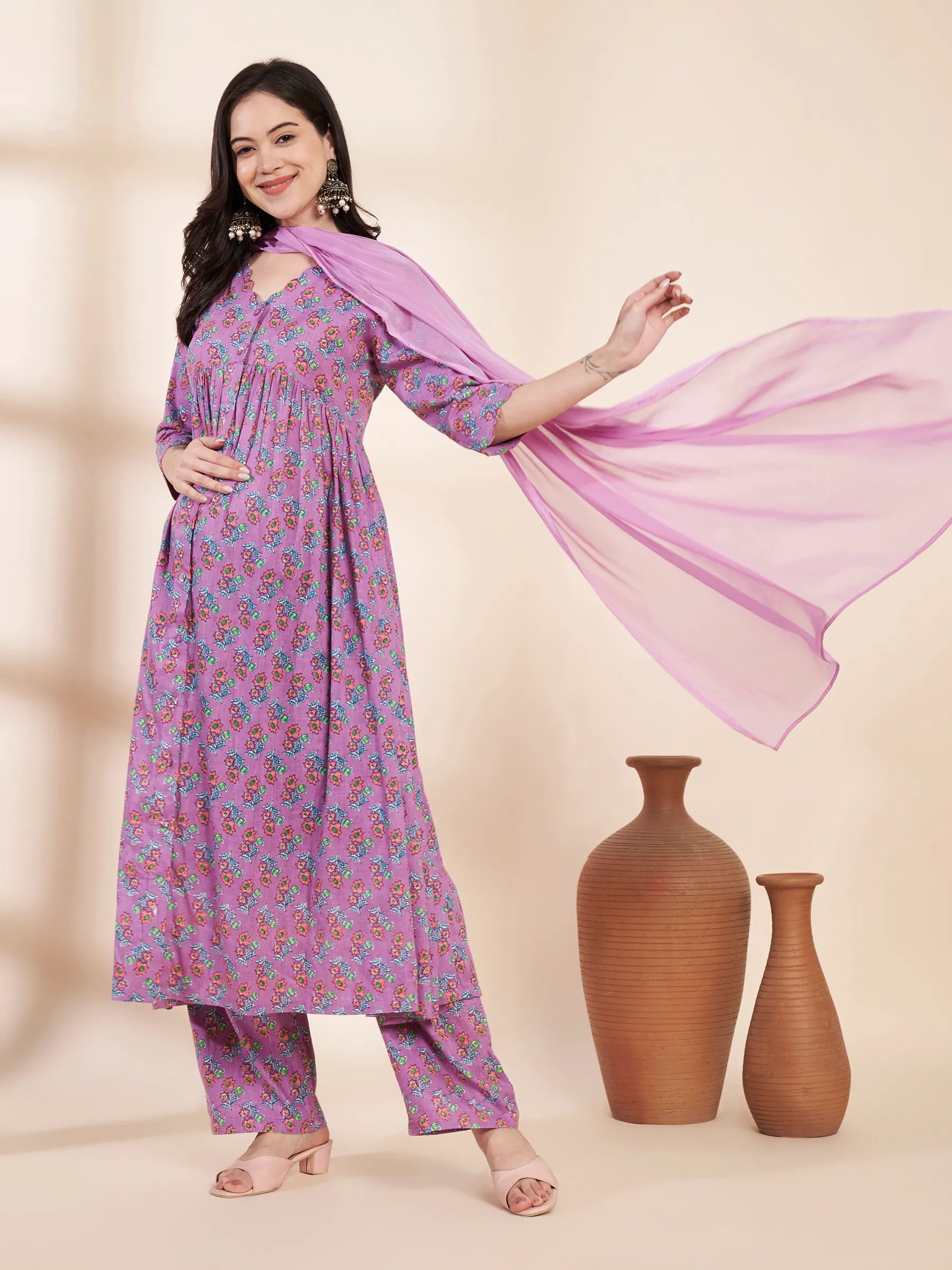 Lilac Floral Cotton Maternity Kurta with Trouser and Dupatta