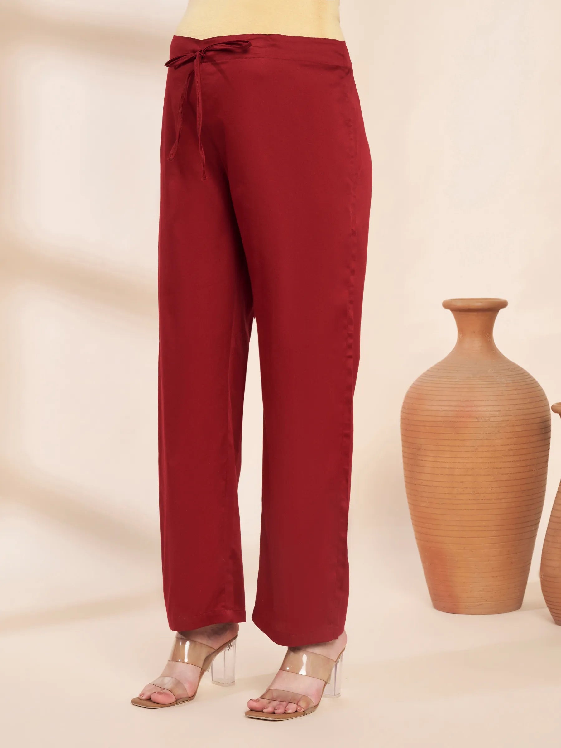 Maroon Solid Glace Cotton Maternity Kurta with Trouser and Silk Dupatta