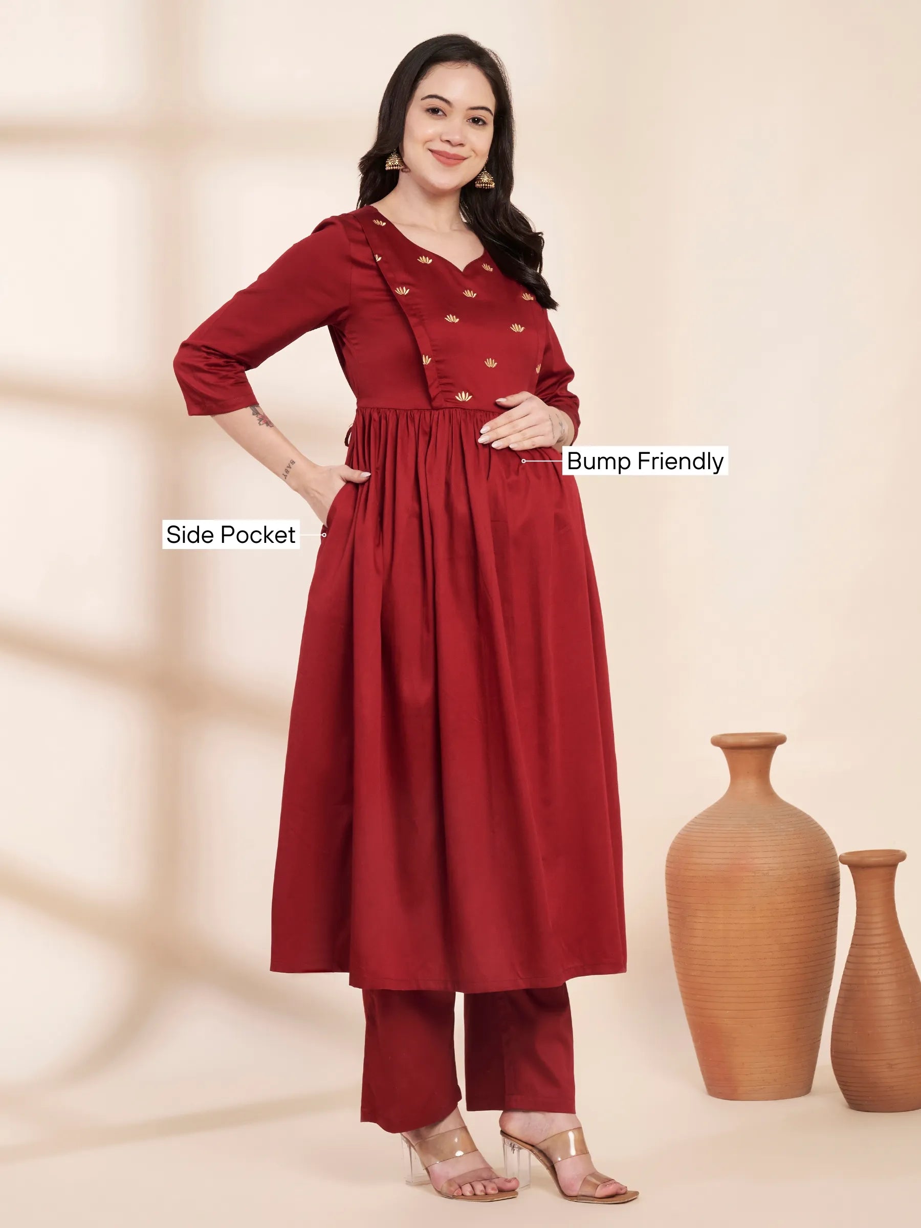 Maroon Solid Glace Cotton Maternity Kurta with Trouser and Silk Dupatta