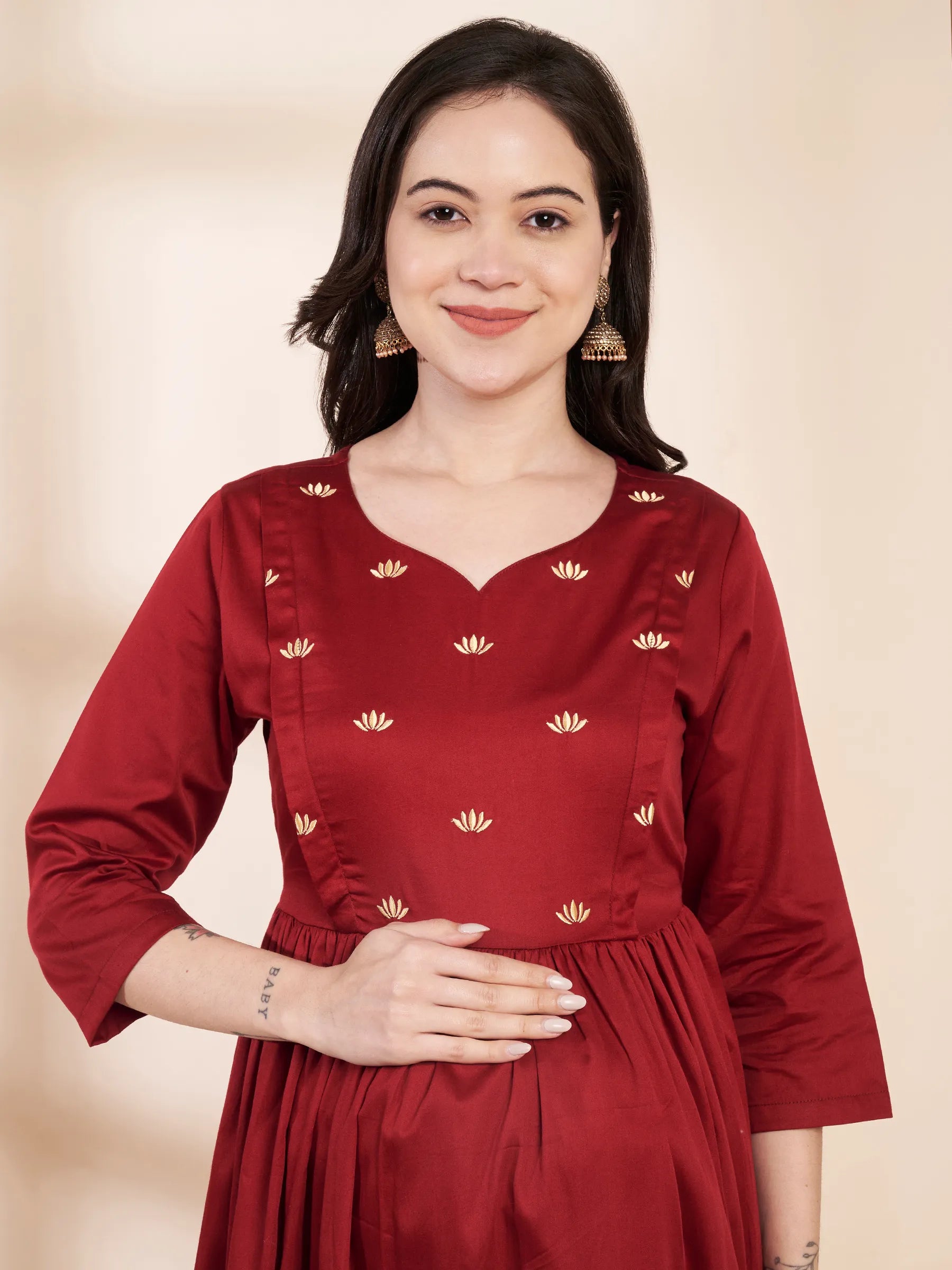 Maroon Solid Glace Cotton Maternity Kurta with Trouser and Silk Dupatta