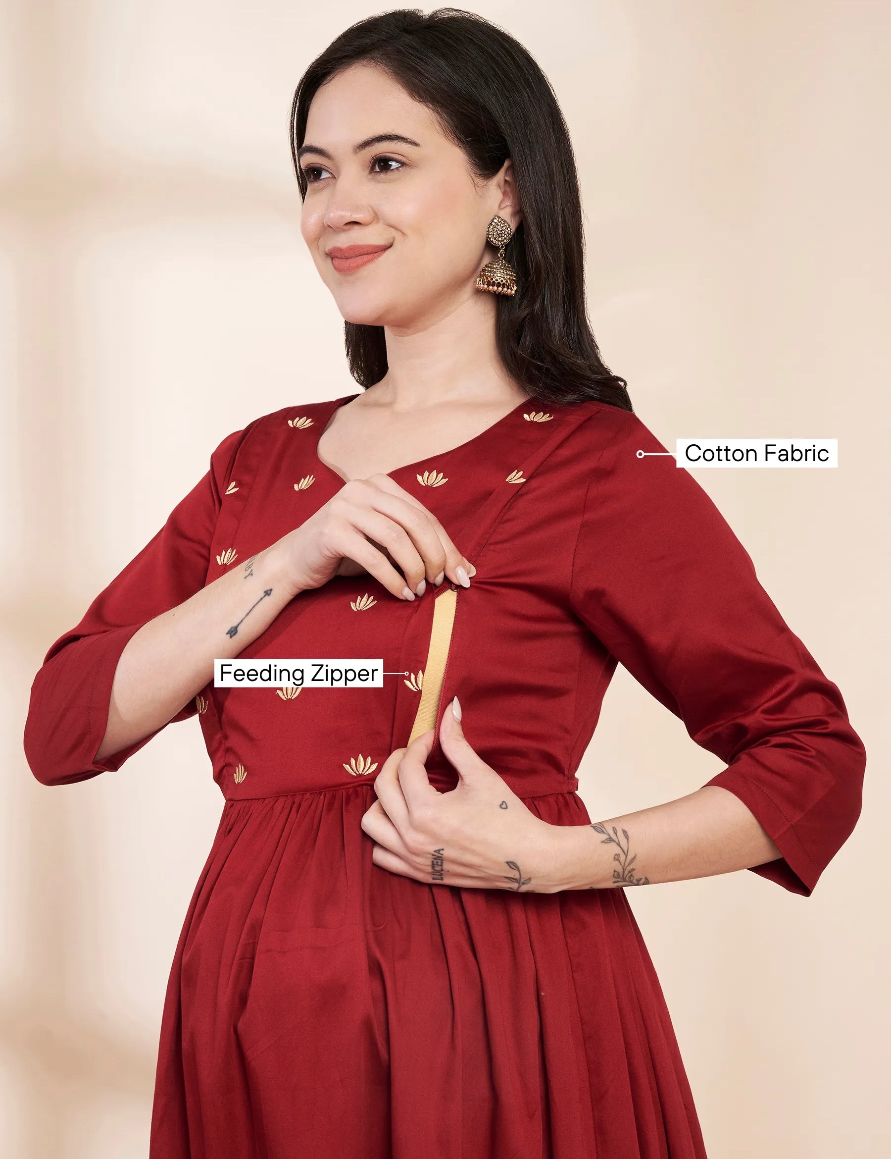 Maroon Solid Glace Cotton Maternity Kurta with Trouser and Silk Dupatta