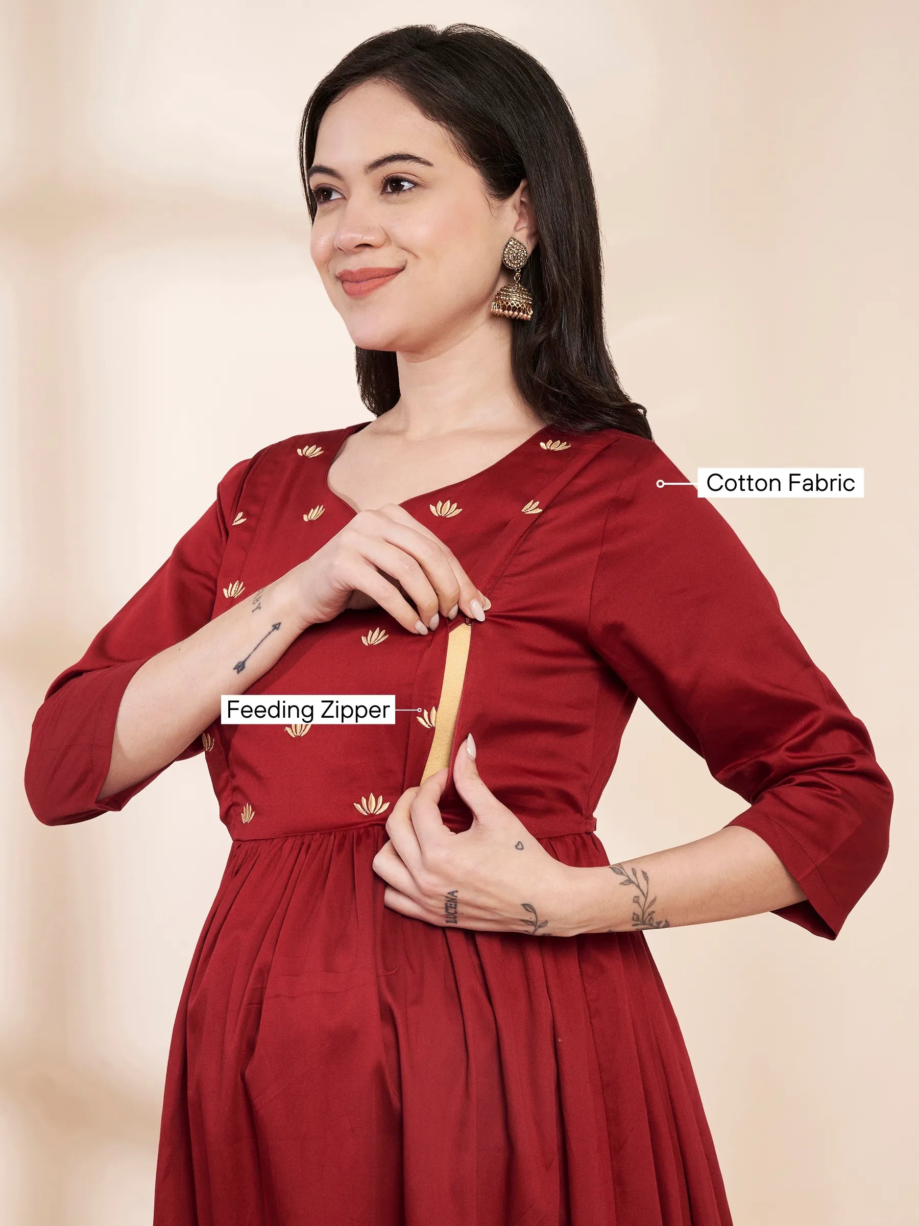 Maroon Solid Glace Cotton Maternity Kurta with Trouser and Silk Dupatta