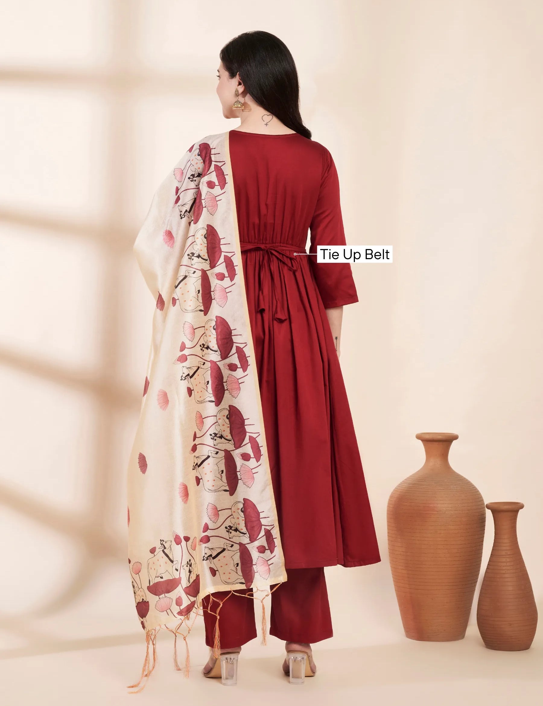 Maroon Solid Glace Cotton Maternity Kurta with Trouser and Silk Dupatta