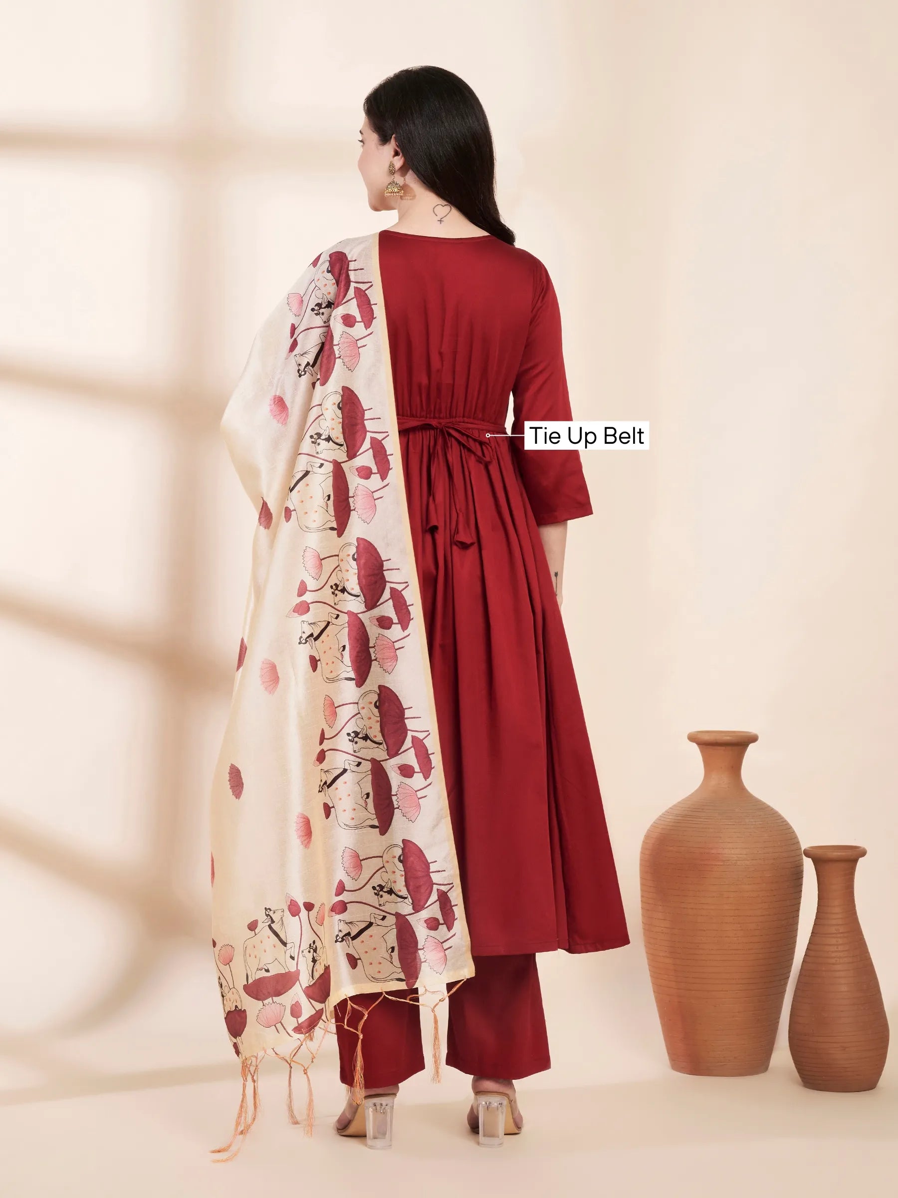 Maroon Solid Glace Cotton Maternity Kurta with Trouser and Silk Dupatta