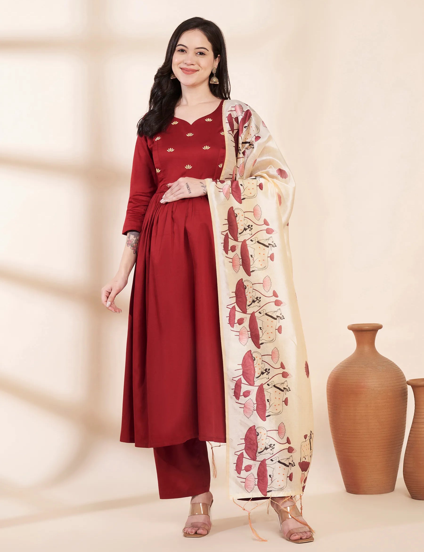 Maroon Solid Glace Cotton Maternity Kurta with Trouser and Silk Dupatta
