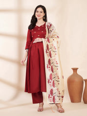Maroon Solid Glace Cotton Maternity Kurta with Trouser and Silk Dupatta