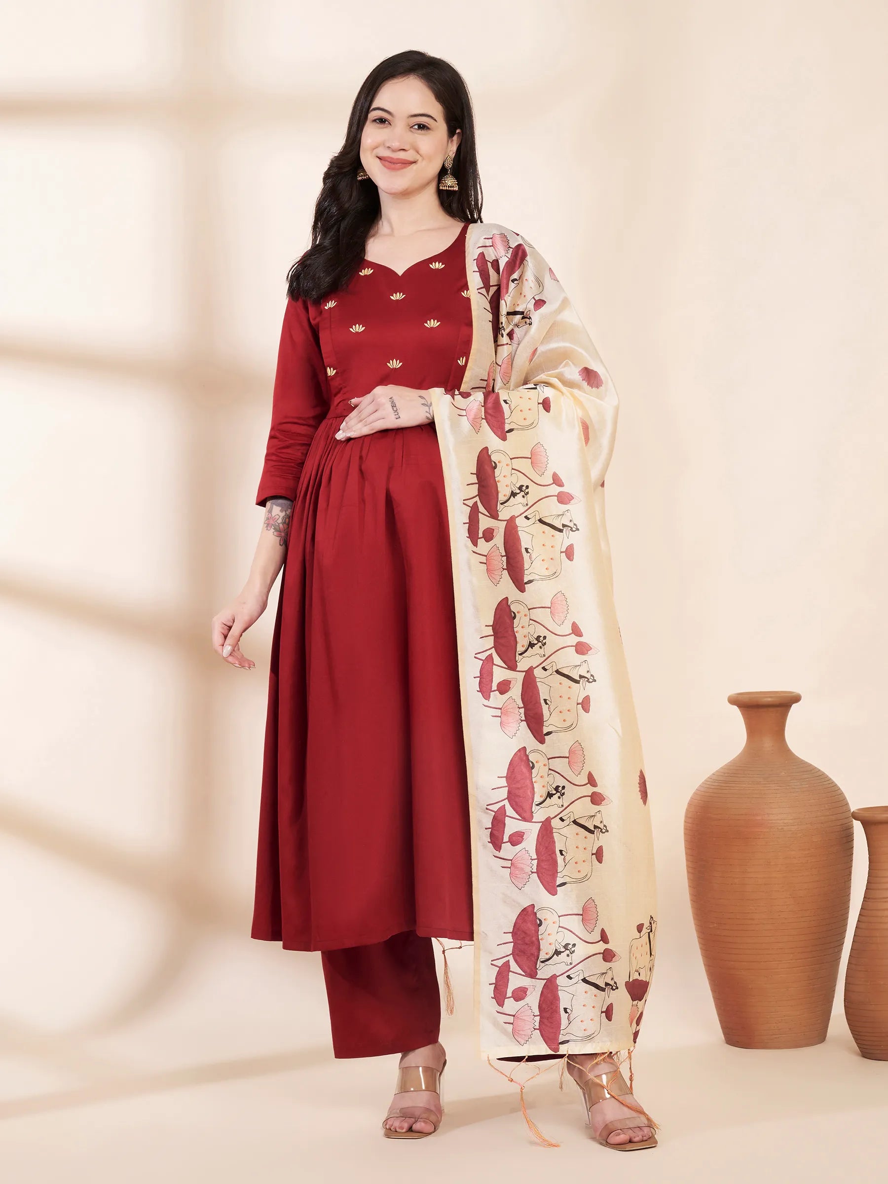Maroon Solid Glace Cotton Maternity Kurta with Trouser and Silk Dupatta