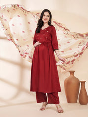 Maroon Solid Glace Cotton Maternity Kurta with Trouser and Silk Dupatta