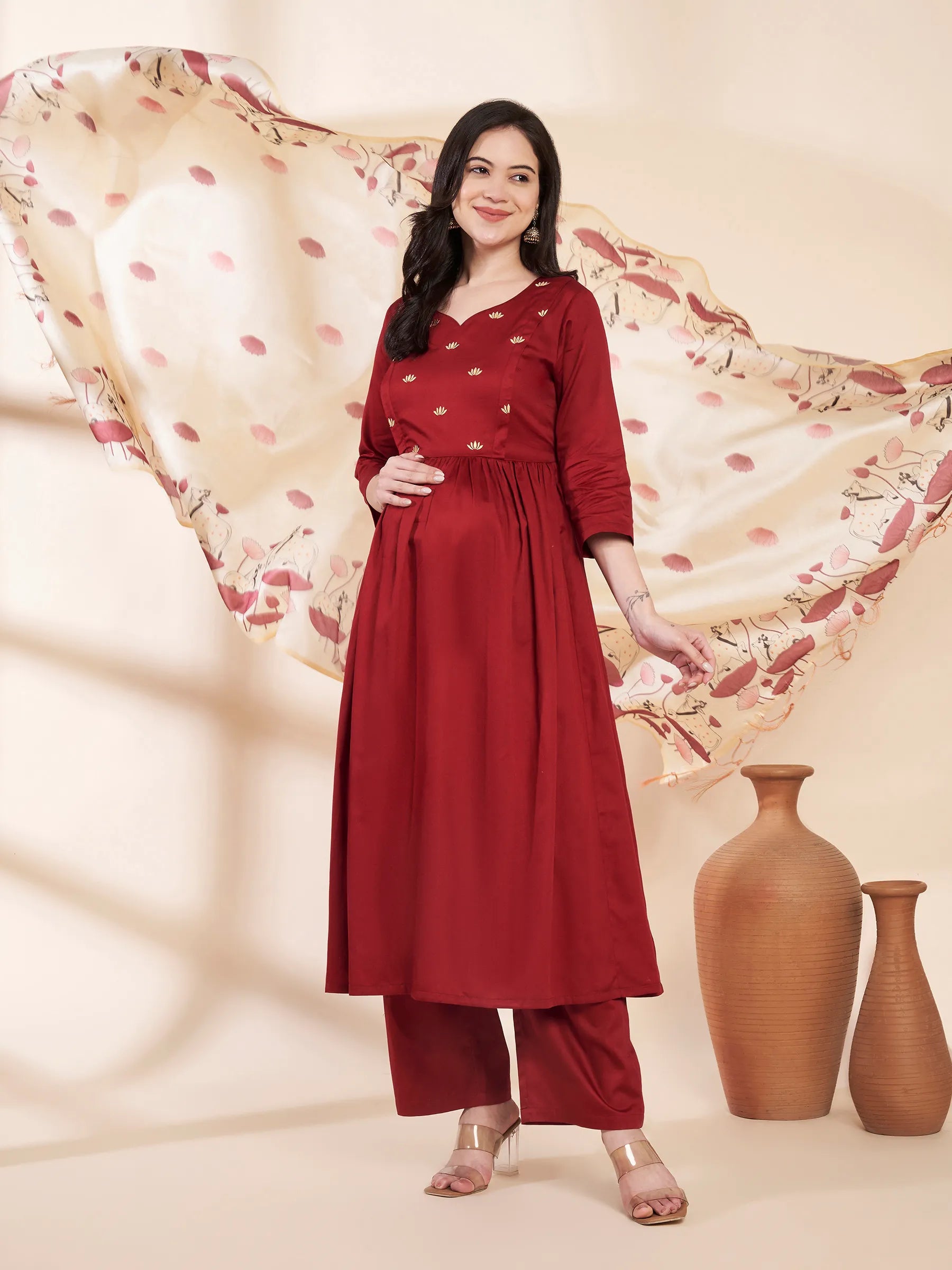 Maroon Solid Glace Cotton Maternity Kurta with Trouser and Silk Dupatta