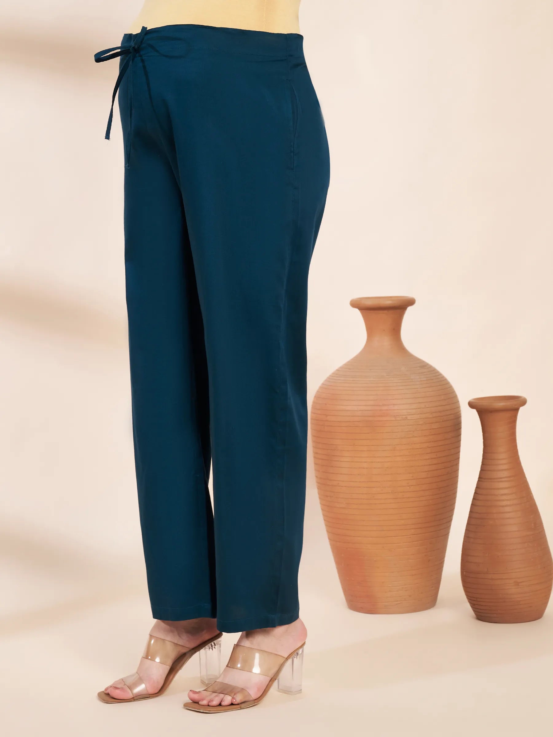 Teal Solid Glace Cotton Maternity Kurta with Trouser and Silk Dupatta