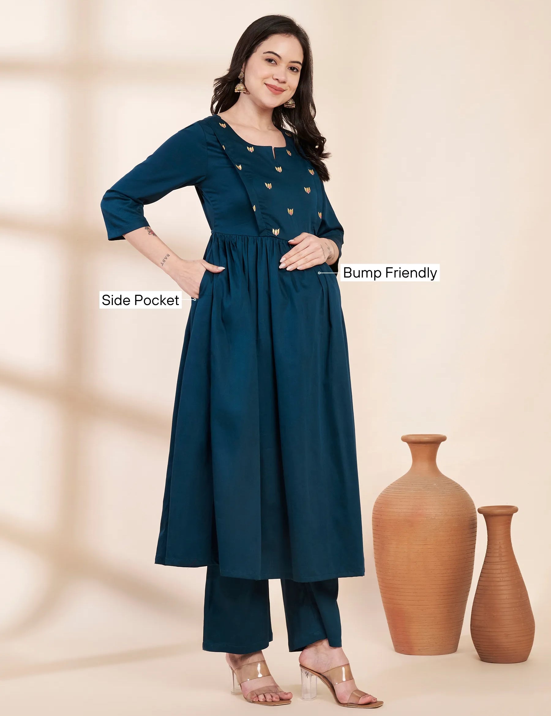 Teal Solid Glace Cotton Maternity Kurta with Trouser and Silk Dupatta