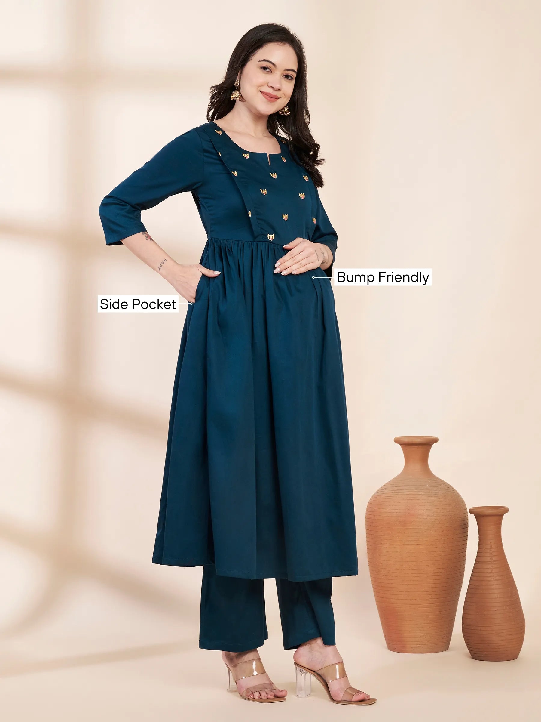 Teal Solid Glace Cotton Maternity Kurta with Trouser and Silk Dupatta