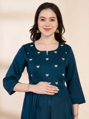 Teal Solid Glace Cotton Maternity Kurta with Trouser and Silk Dupatta