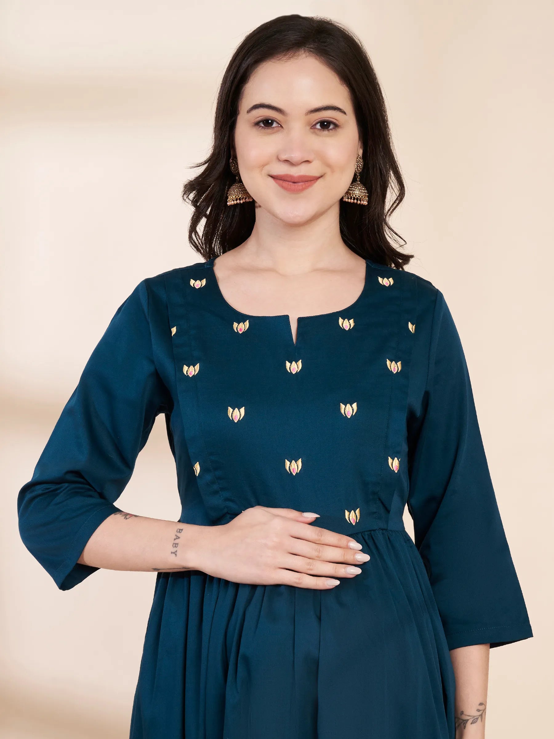 Teal Solid Glace Cotton Maternity Kurta with Trouser and Silk Dupatta
