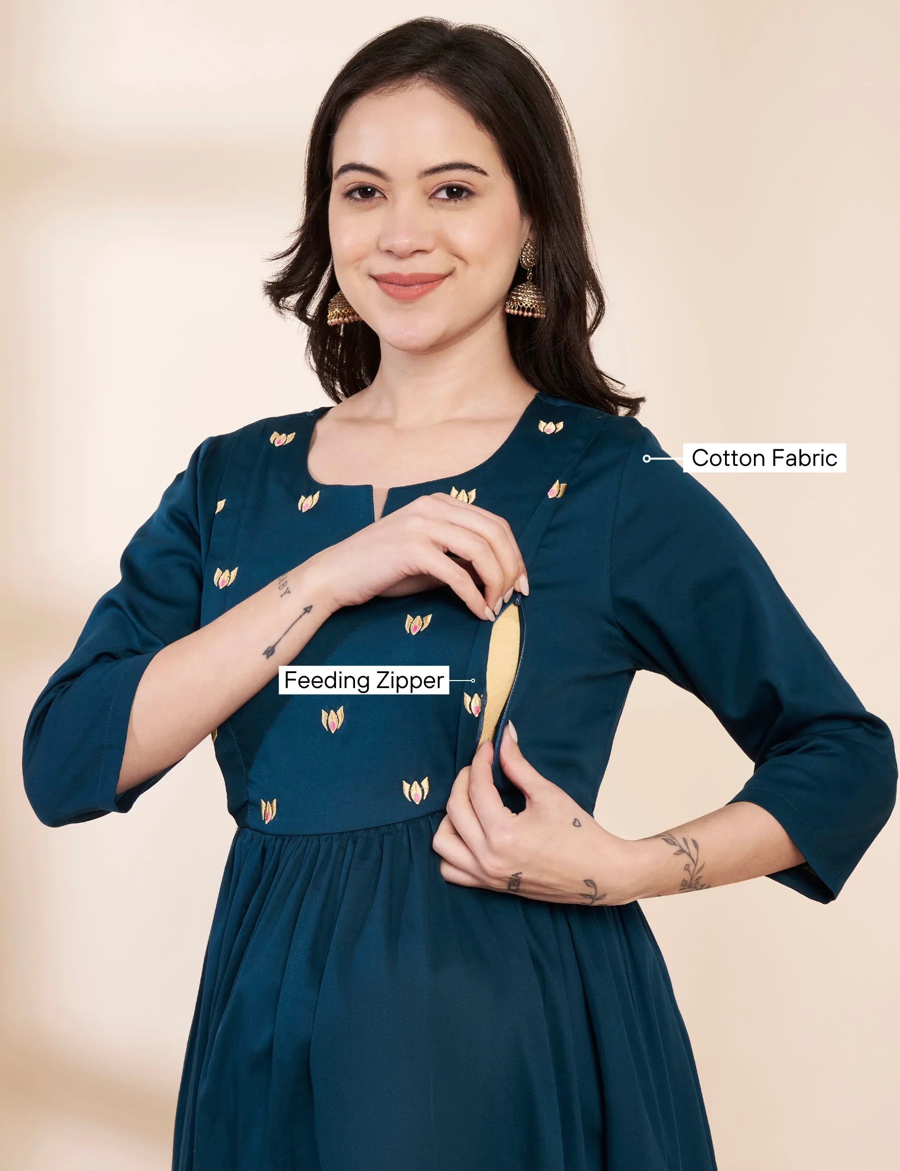 Teal Solid Glace Cotton Maternity Kurta with Trouser and Silk Dupatta