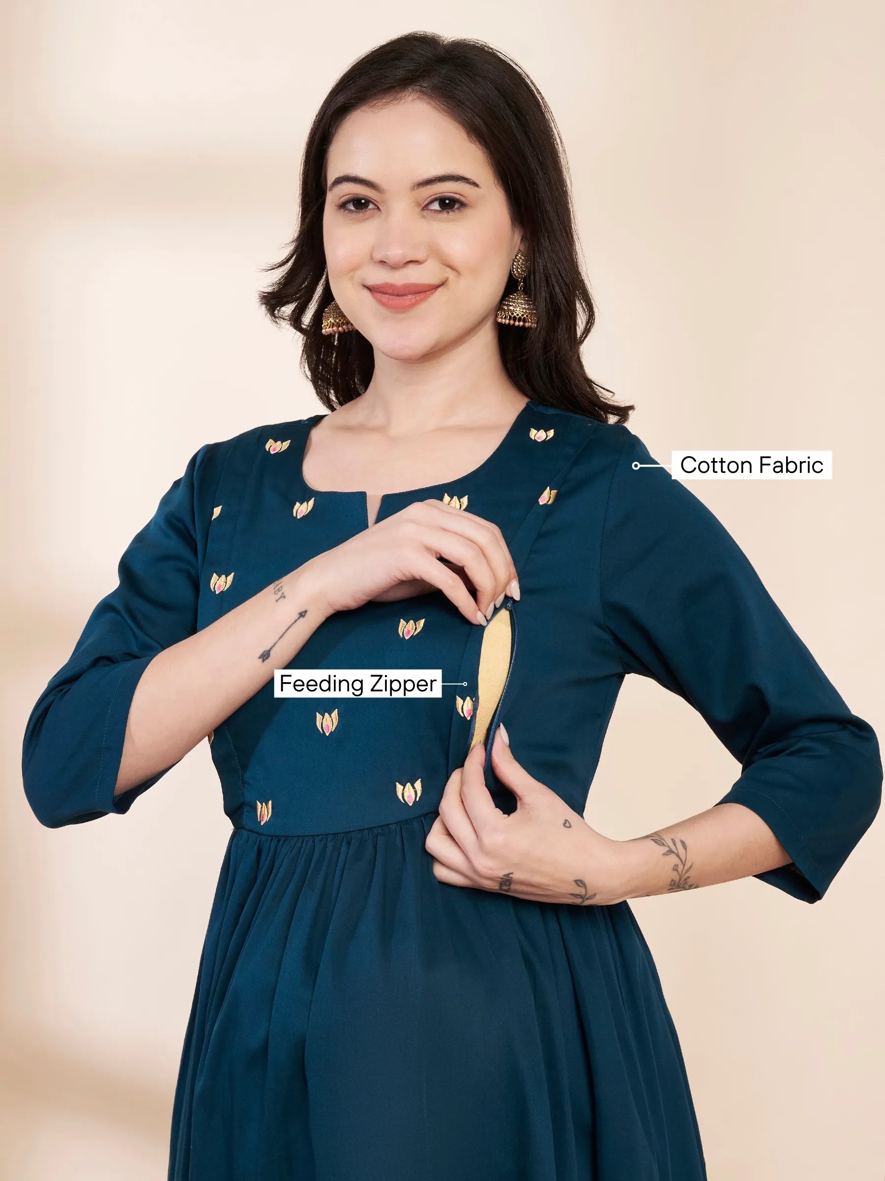 Teal Solid Glace Cotton Maternity Kurta with Trouser and Silk Dupatta