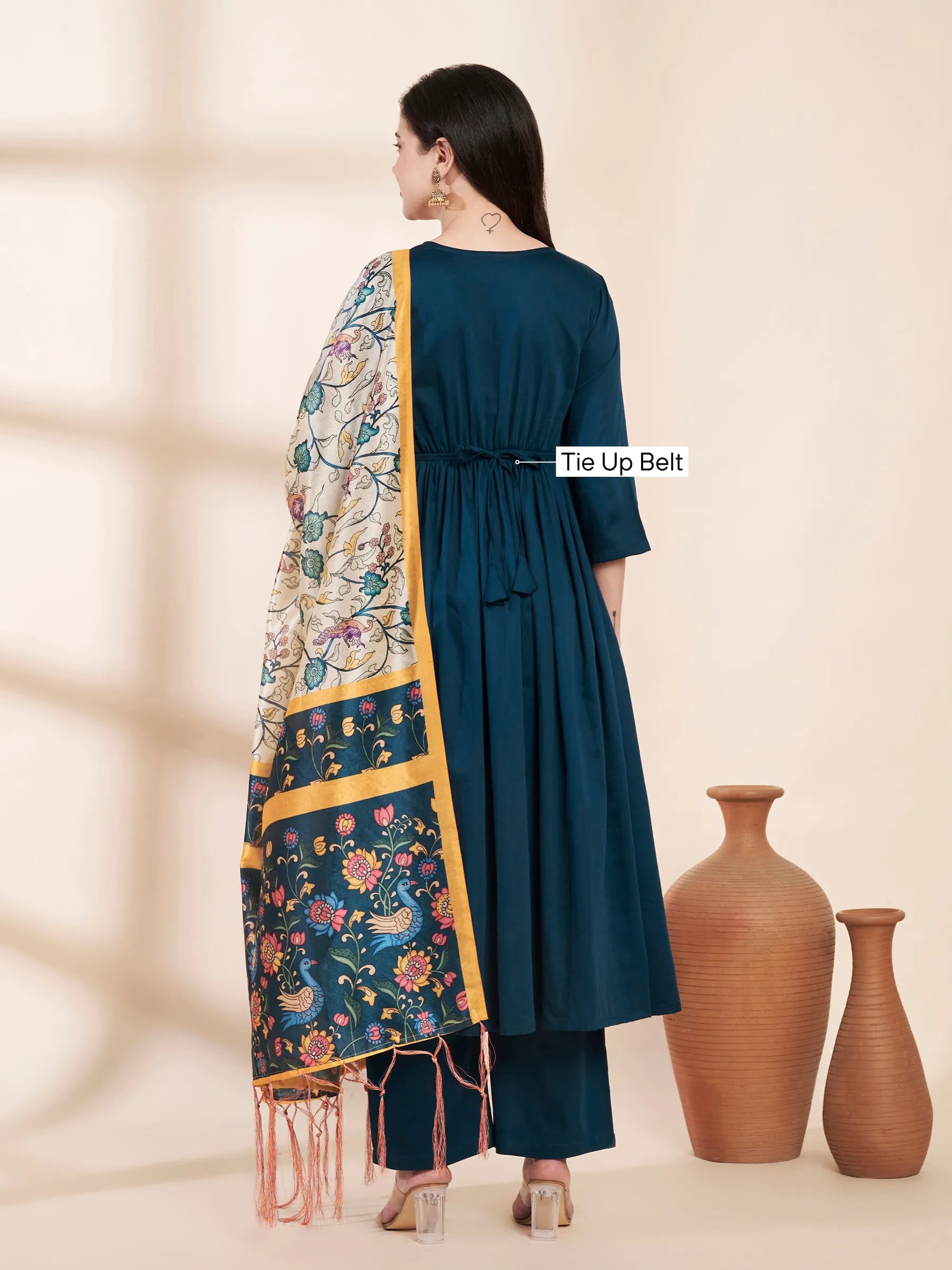 Teal Solid Glace Cotton Maternity Kurta with Trouser and Silk Dupatta