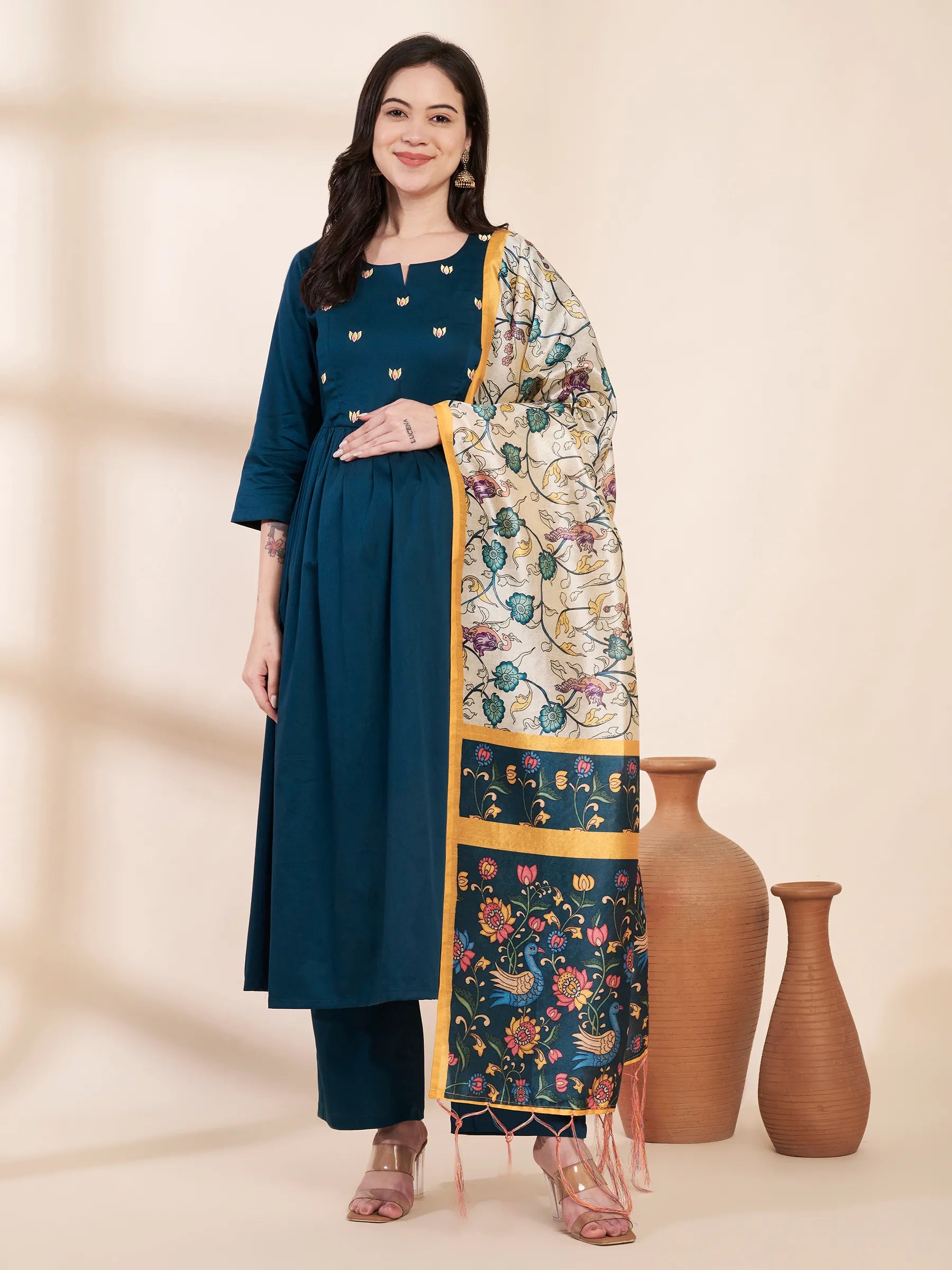 Teal Solid Glace Cotton Maternity Kurta with Trouser and Silk Dupatta