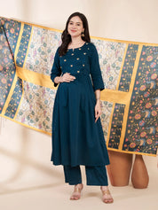 Teal Solid Glace Cotton Maternity Kurta with Trouser and Silk Dupatta