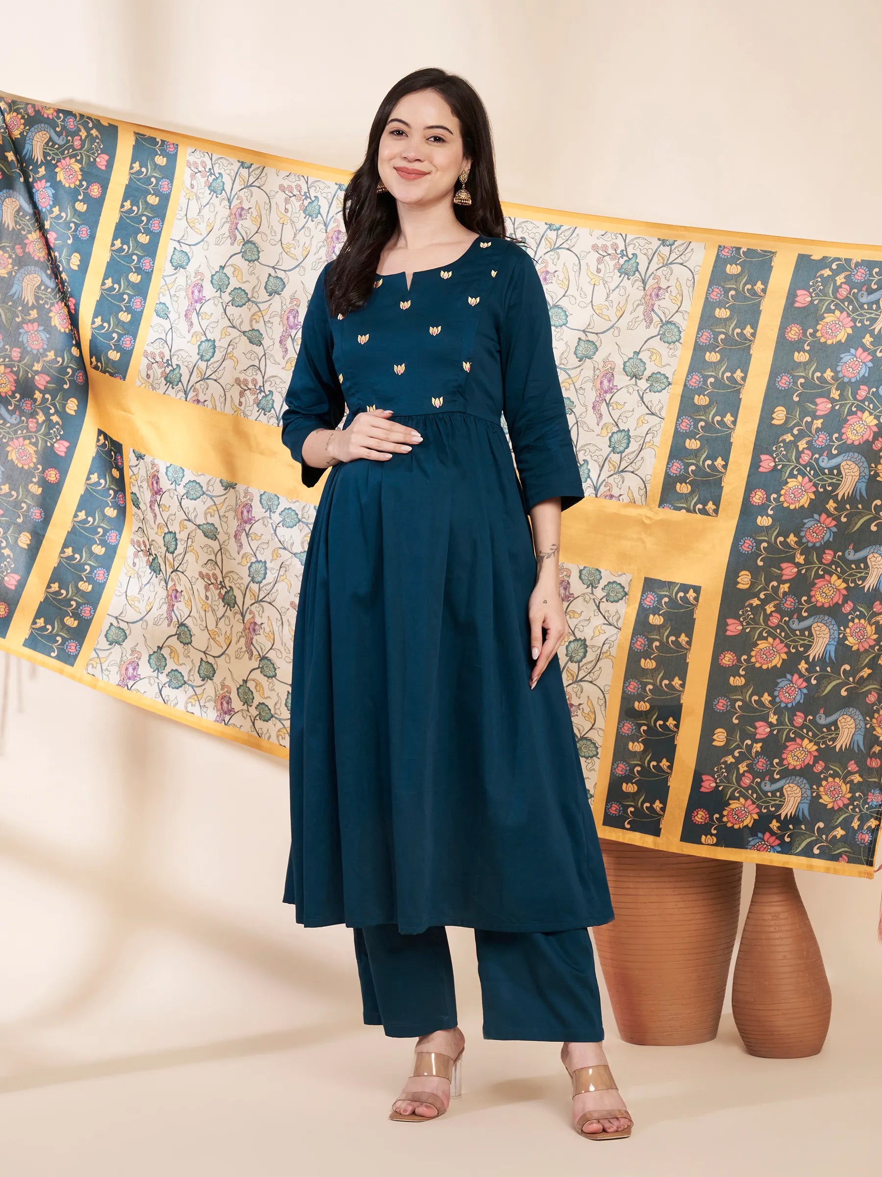 Teal Solid Glace Cotton Maternity Kurta with Trouser and Silk Dupatta