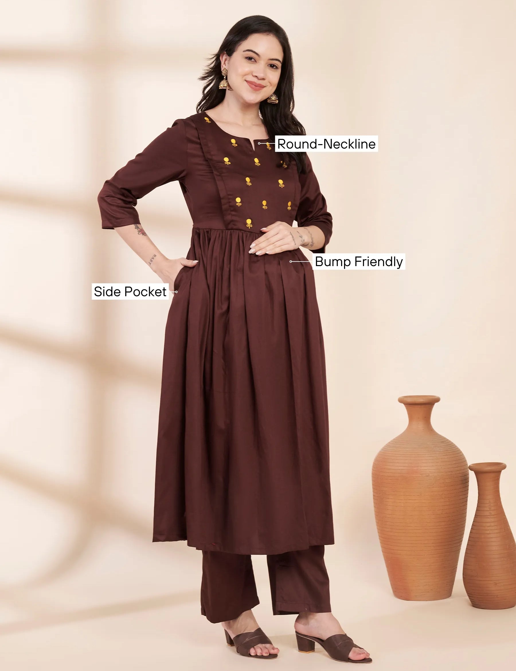 Brown Solid Glace Cotton Maternity Kurta with Trouser and Silk Dupatta