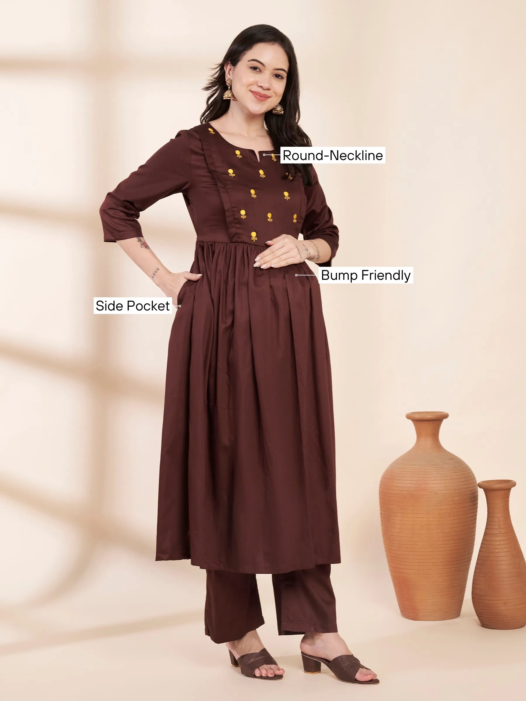 Brown Solid Glace Cotton Maternity Kurta with Trouser and Silk Dupatta