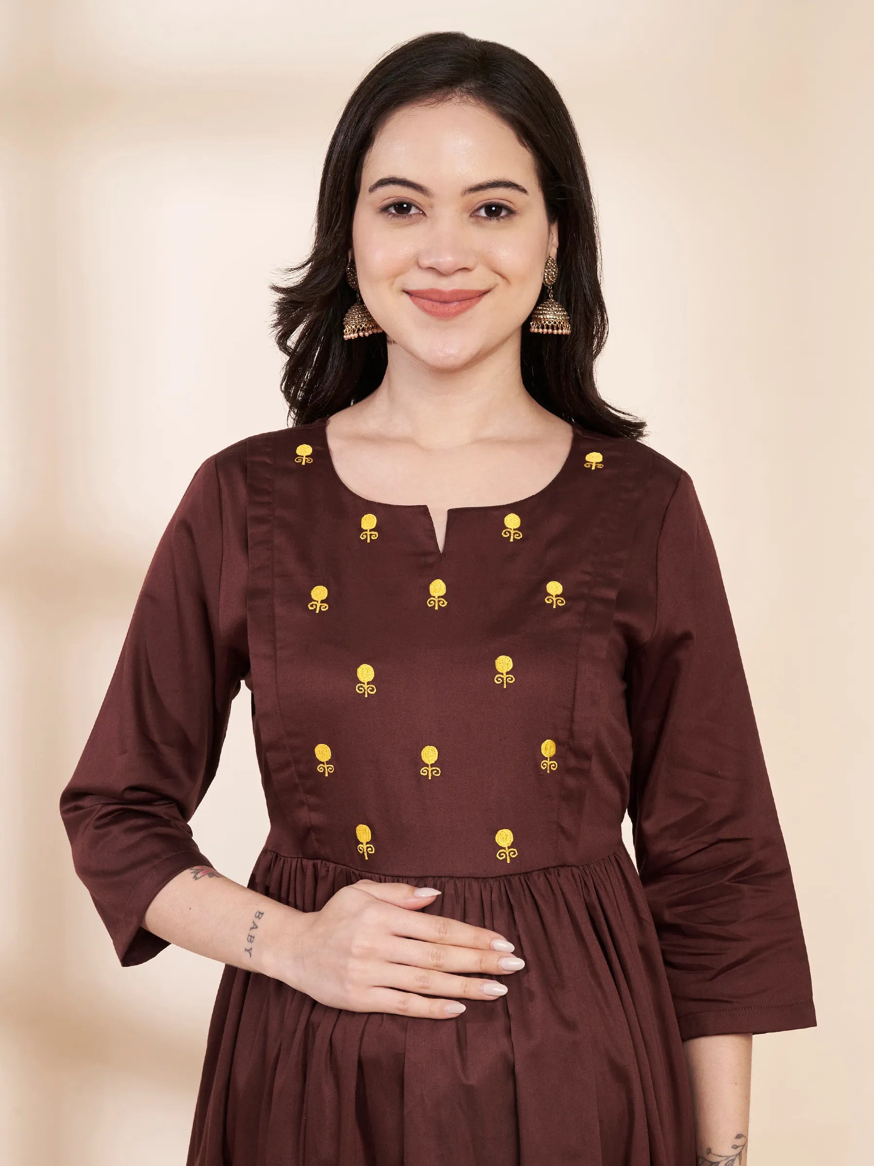 Brown Solid Glace Cotton Maternity Kurta with Trouser and Silk Dupatta