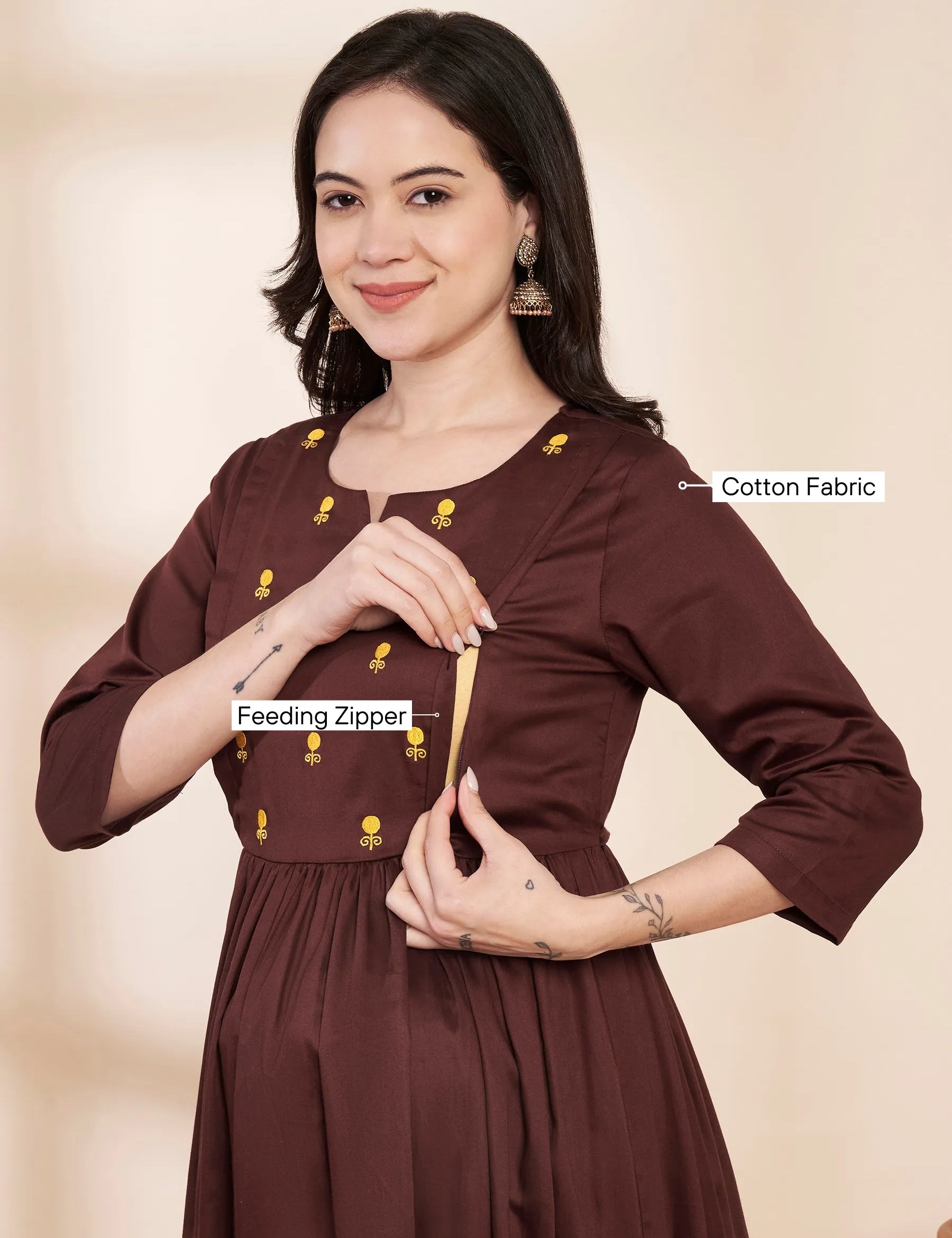 Brown Solid Glace Cotton Maternity Kurta with Trouser and Silk Dupatta