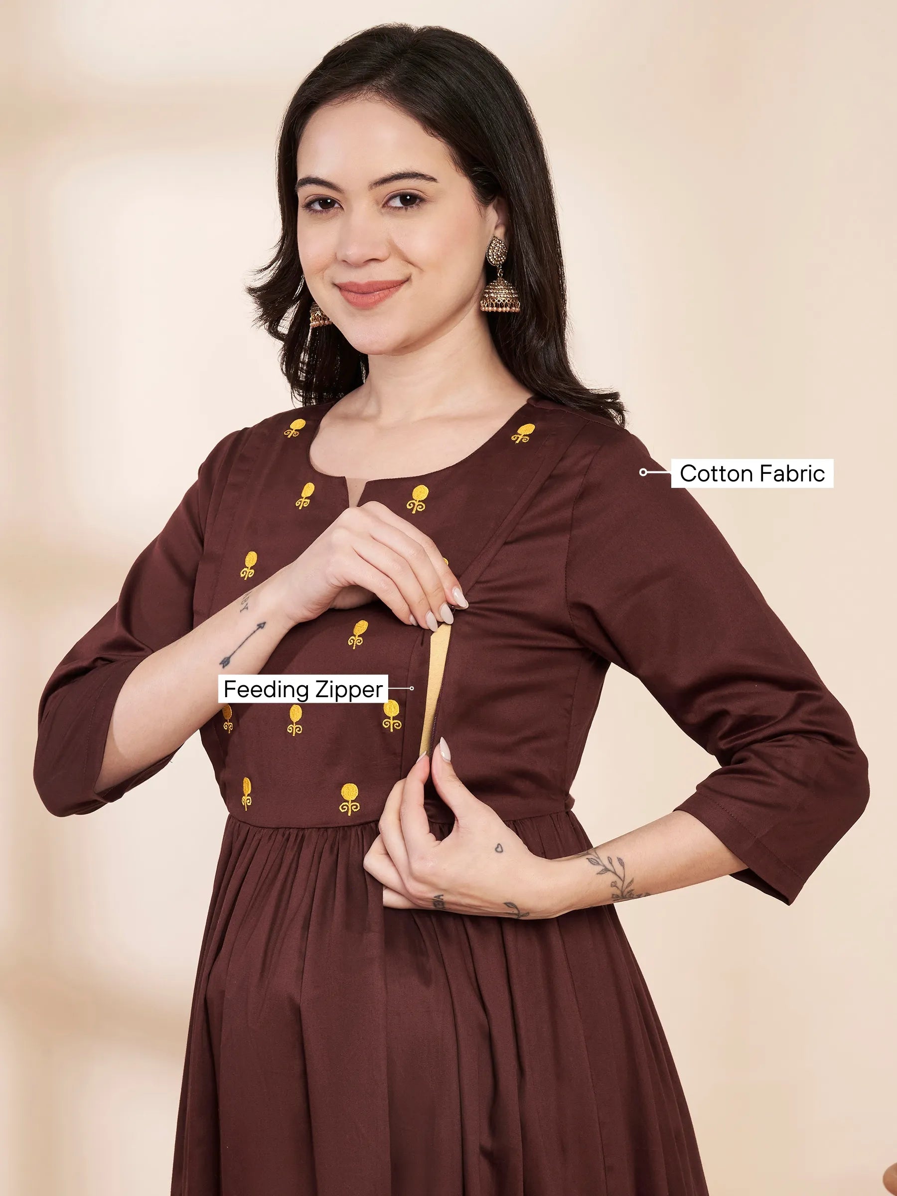 Brown Solid Glace Cotton Maternity Kurta with Trouser and Silk Dupatta