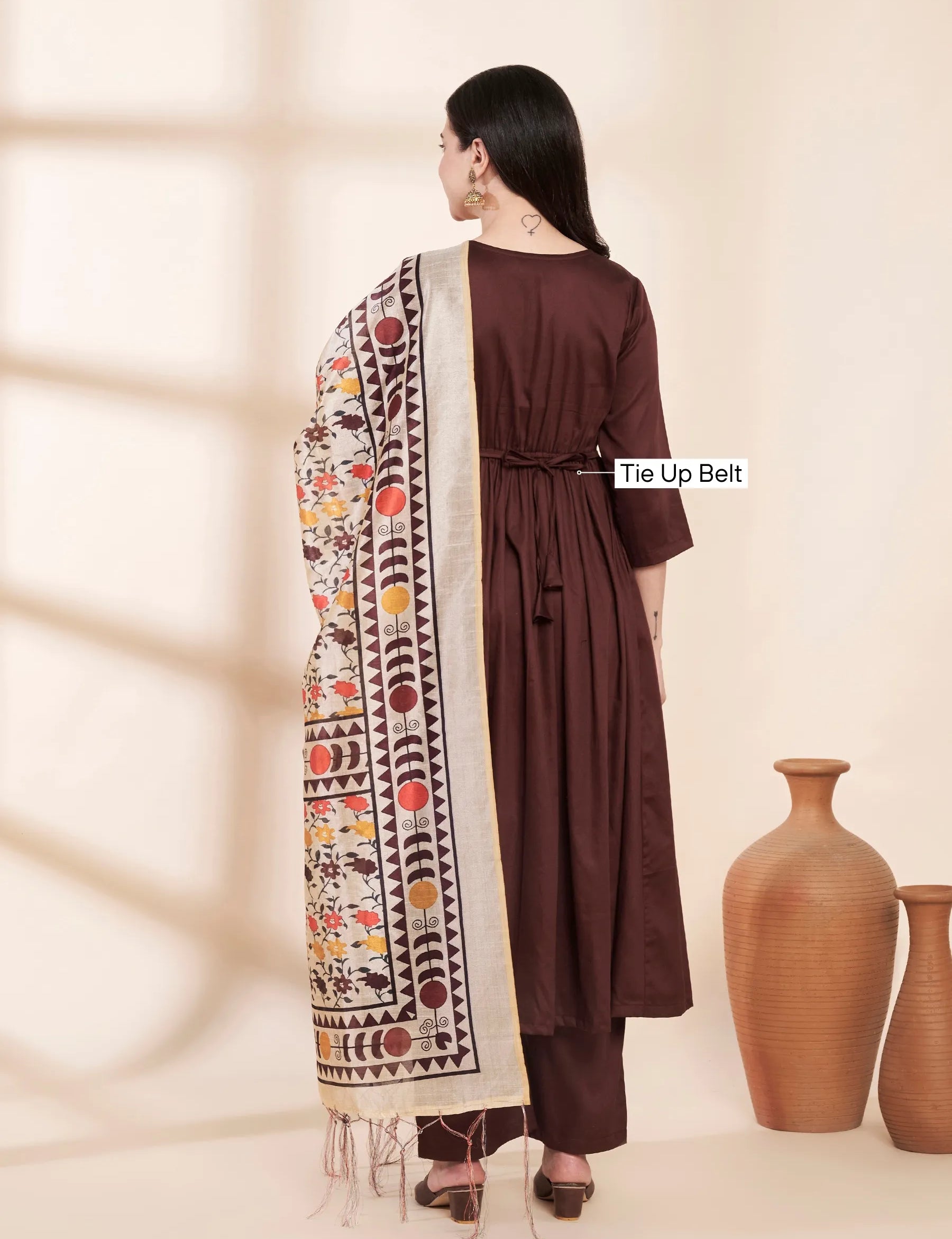 Brown Solid Glace Cotton Maternity Kurta with Trouser and Silk Dupatta