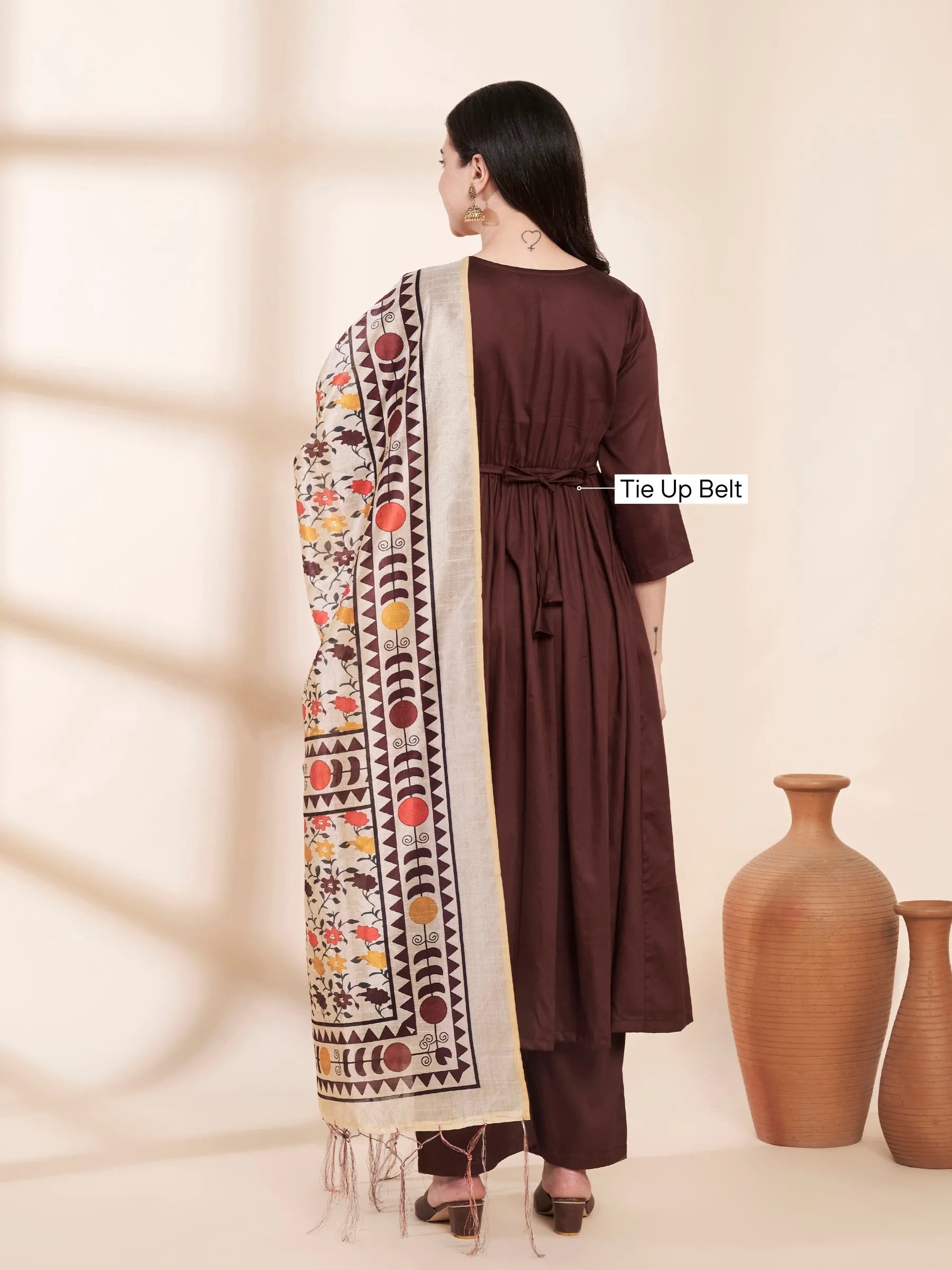 Brown Solid Glace Cotton Maternity Kurta with Trouser and Silk Dupatta