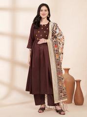 Brown Solid Glace Cotton Maternity Kurta with Trouser and Silk Dupatta