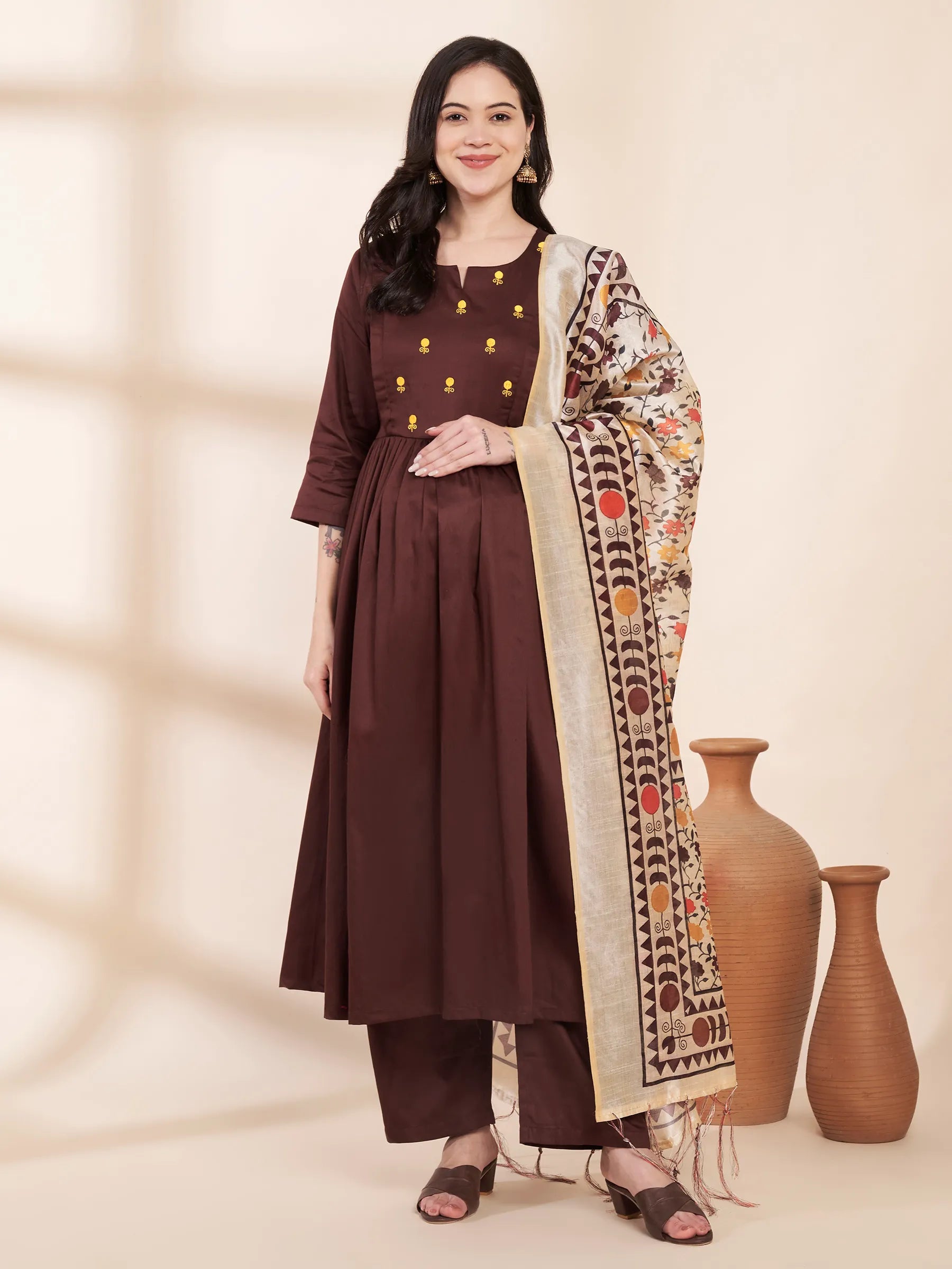 Brown Solid Glace Cotton Maternity Kurta with Trouser and Silk Dupatta