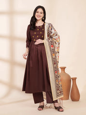 Brown Solid Glace Cotton Maternity Kurta with Trouser and Silk Dupatta