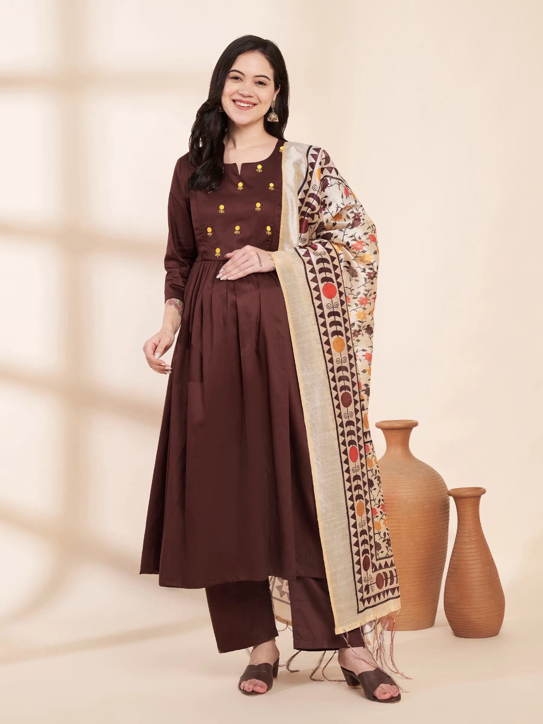 Brown Solid Glace Cotton Maternity Kurta with Trouser and Silk Dupatta