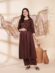 Brown Solid Glace Cotton Maternity Kurta with Trouser and Silk Dupatta