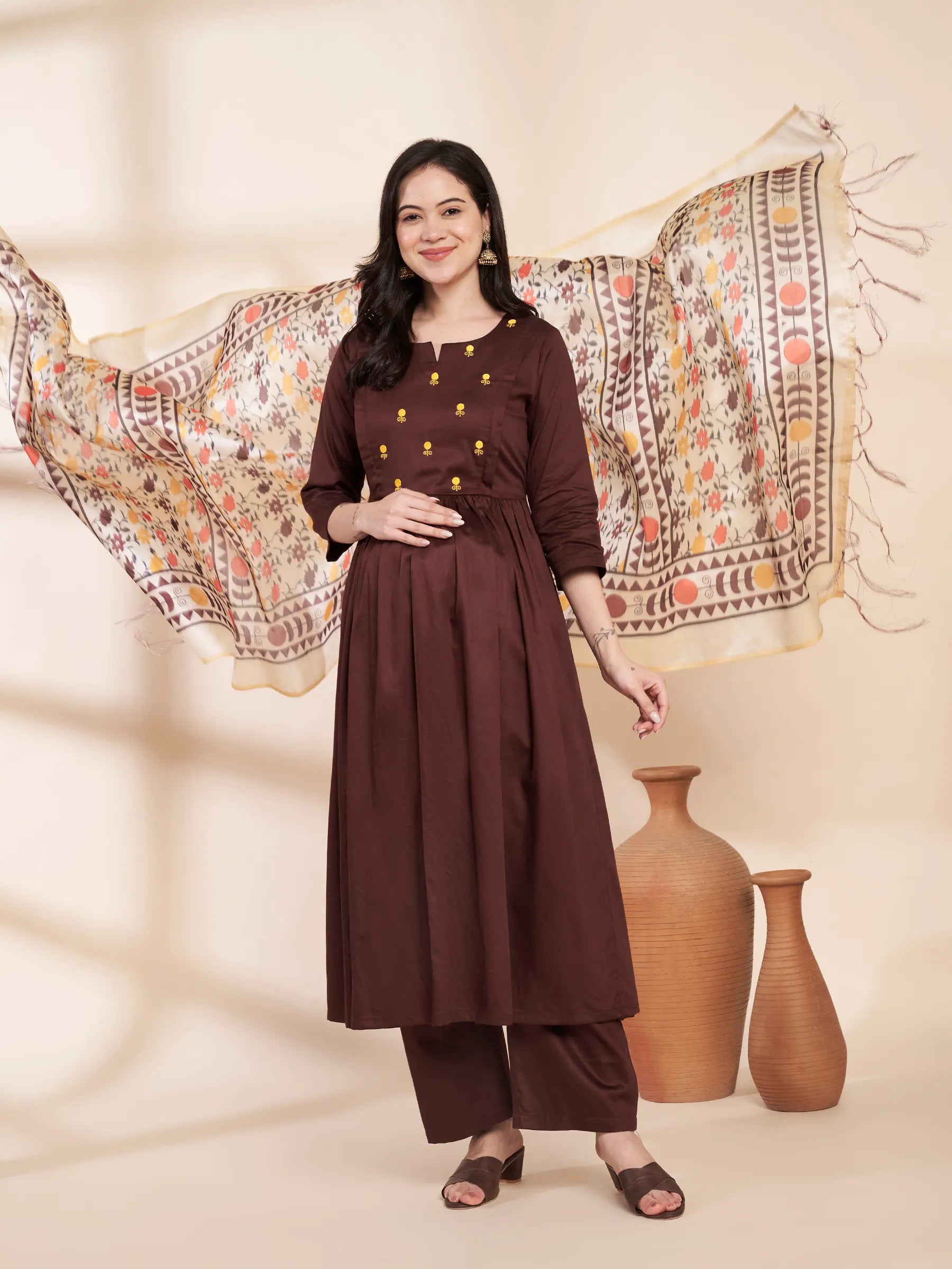 Brown Solid Glace Cotton Maternity Kurta with Trouser and Silk Dupatta