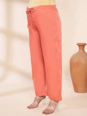 Peach Solid Glace Cotton Maternity Kurta with Trouser and Silk Dupatta